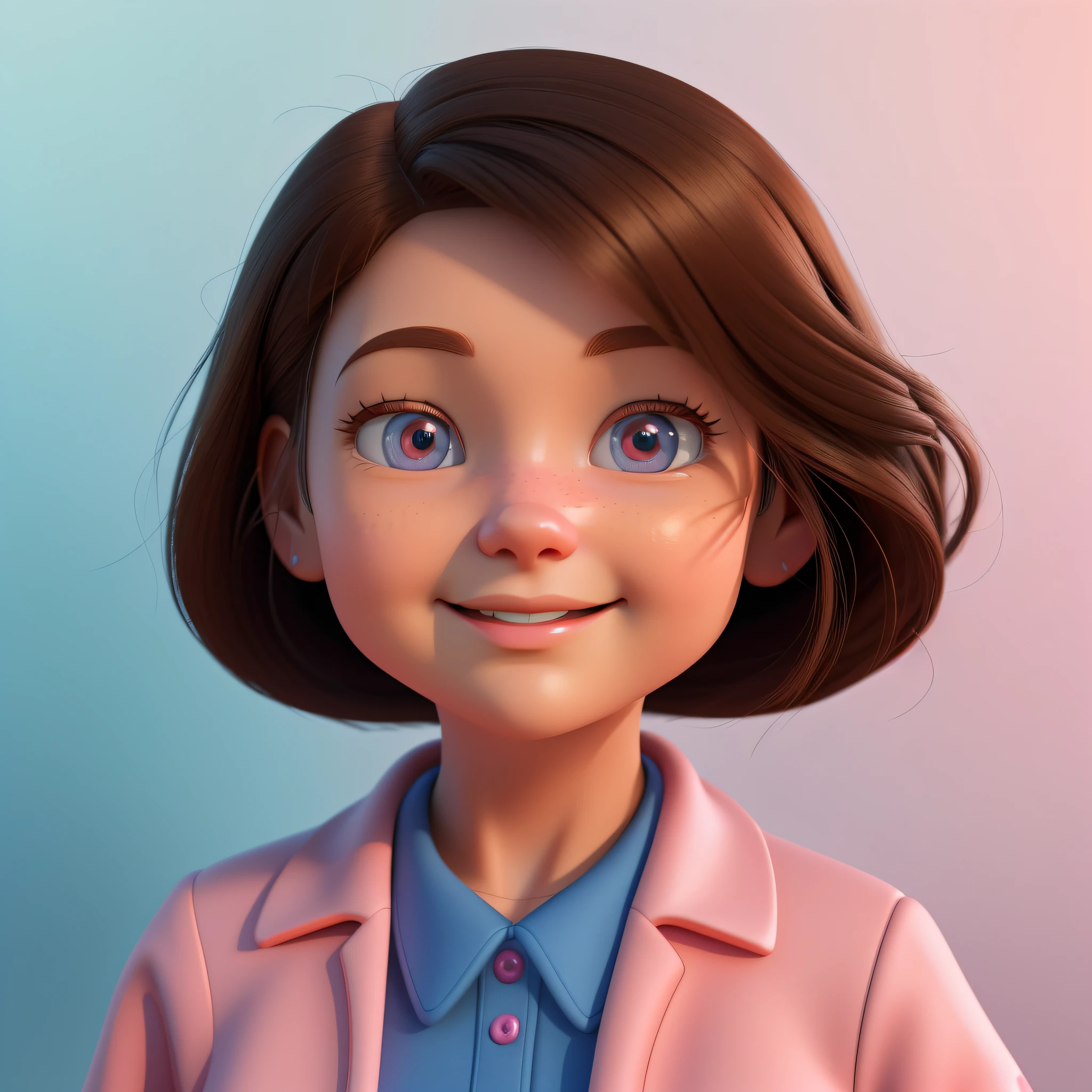 cartoon girl with brown hair and blue shirt and pink jacket, close up character, cute 3 d render, closeup character portrait, soft portrait shot 8 k, pixar portrait 8 k photo, 8k portrait render, 3 d render stylized, animation character, adorable digital painting, cartoon style illustration, render of a cute 3d anime girl, in cartoon style, cute cartoon character