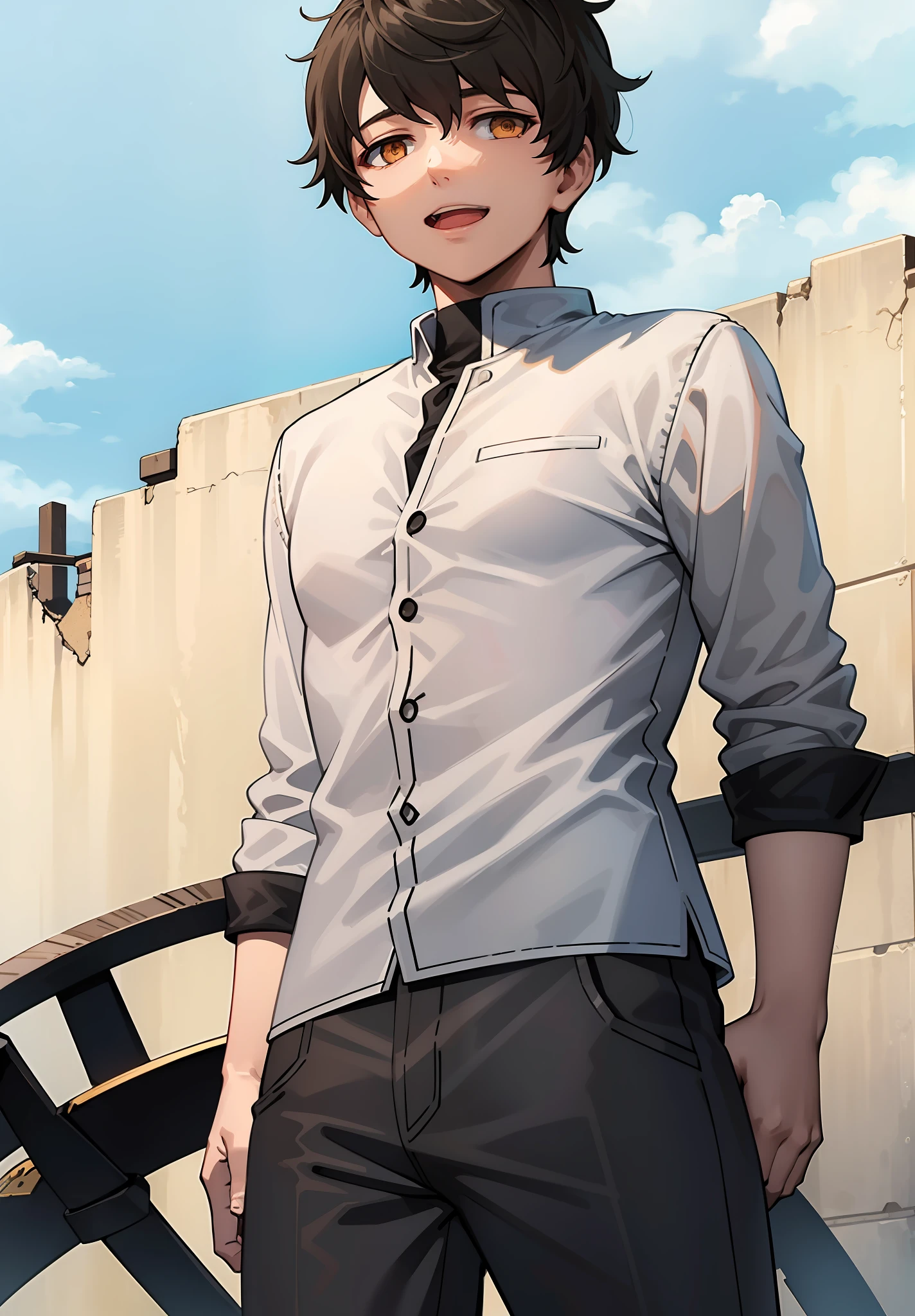 1boy, ************, smile, black hair, short hair, white shirt, blood, solo, look at the viewer, upper body, sky, (masterpiece:1.2, best quality)