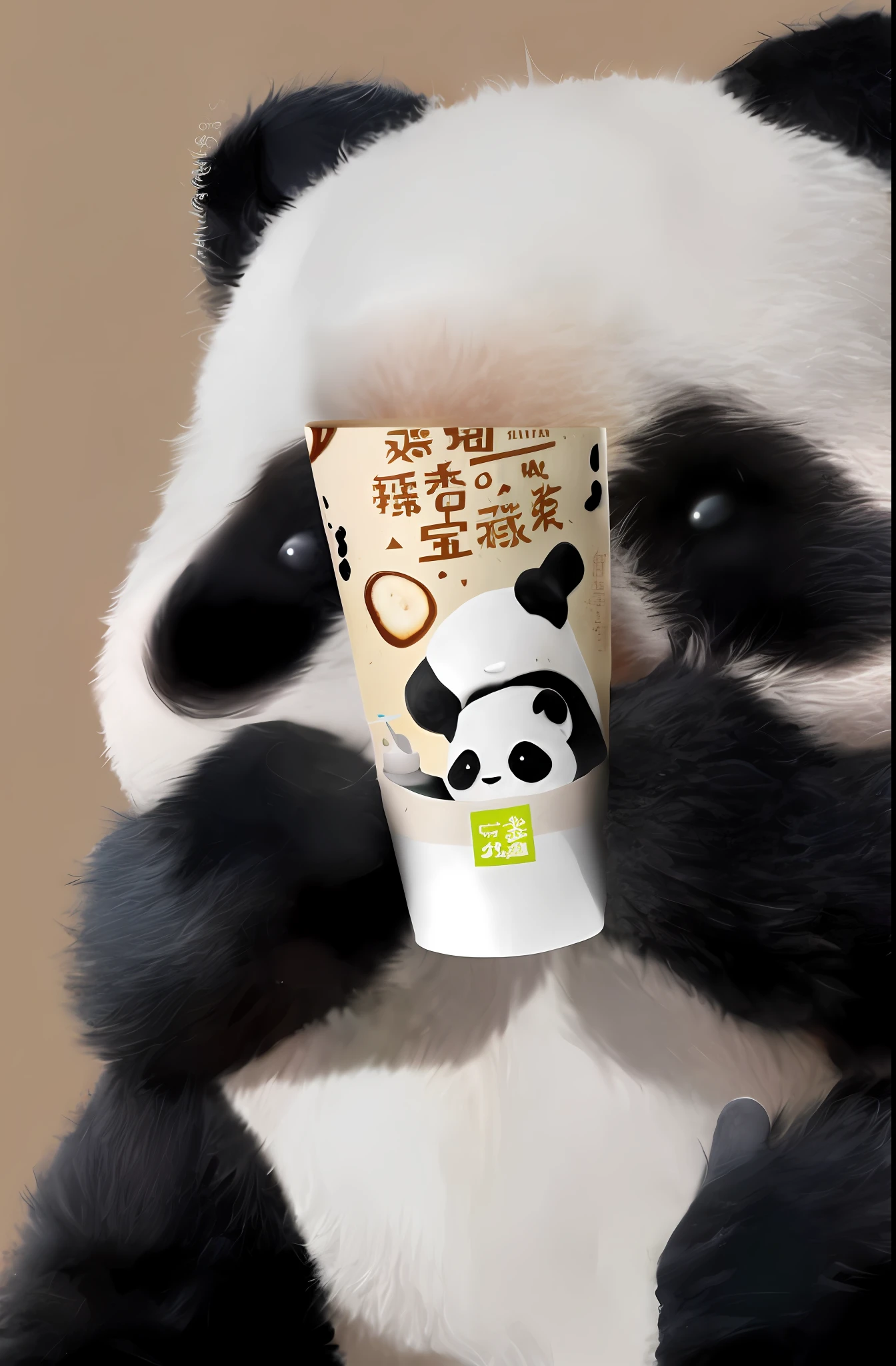 panda bear holding a cup of coffee with a donut on top, inspired by Luo Ping, inspired by Luo Mu, panda panda panda, inspired by Xie Huan, panda, colored milk tea, in style of pan ren wei, 王琛, inspired by Wang Mian, jia ruan, jia, paper cup, in style of ruan jia