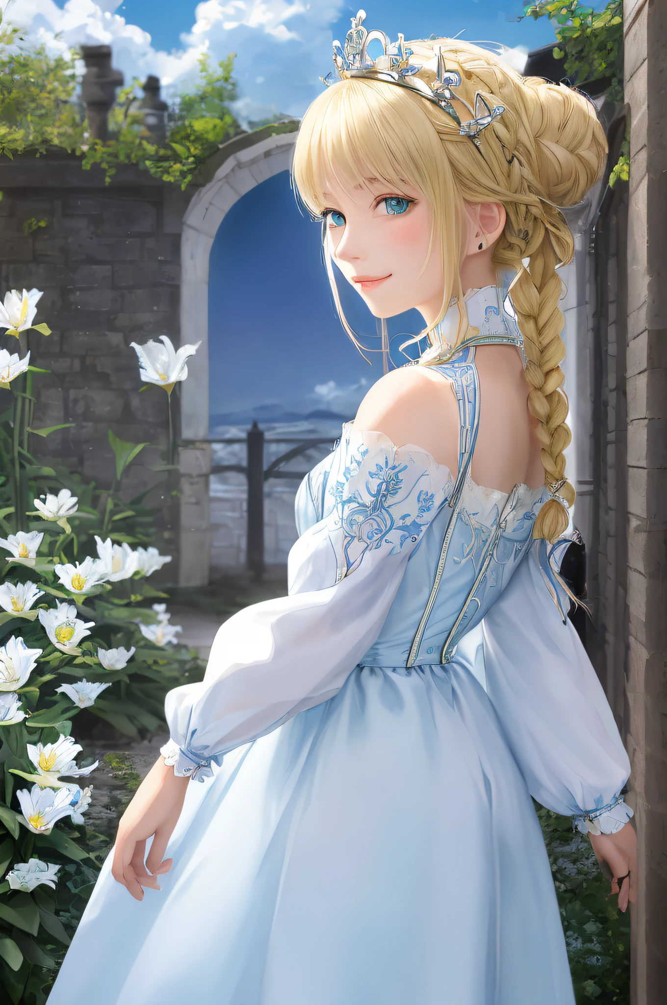 Masterpiece, best quality, flat color, artoria pendragon, (ligne claire), blonde hair, blue and white and blond, 1girl, mini crown, braided bun, green eyes, smile, from the side, looking back at the viewer, clouds, lilies, depth of field, border