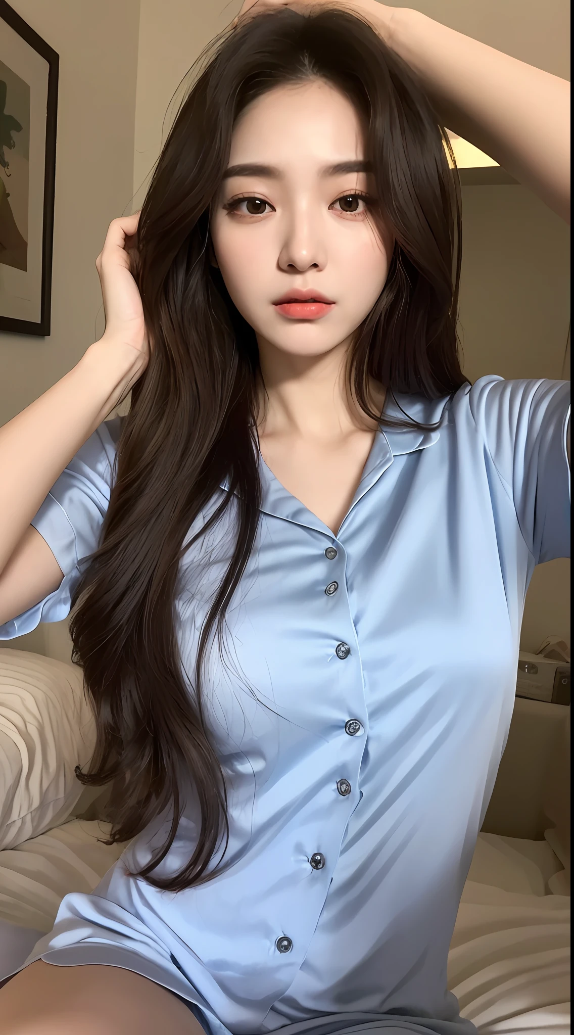 (Best Quality, 8K, 32K, Masterpiece, Ultra HD: 1.2), (K-Pop Idol: 1.3), 1 Girl, (Large: 1.2), (Longhair), Abs, Perfect Figure, Ultra Slender Face, Delicate Lips, Beautiful Eyes Double eyelids Pajama bed (sultry) ((Awakening: 1.5))