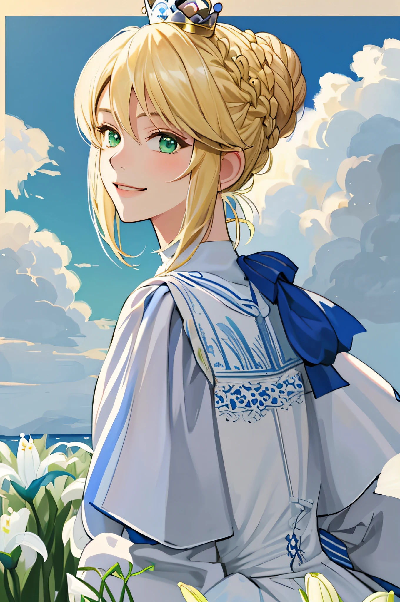Masterpiece, best quality, flat color, artoria pendragon, (ligne claire), blonde hair, blue and white and blond, 1girl, mini crown, braided bun, green eyes, smile, from the side, looking back at the viewer, clouds, lilies, depth of field, border