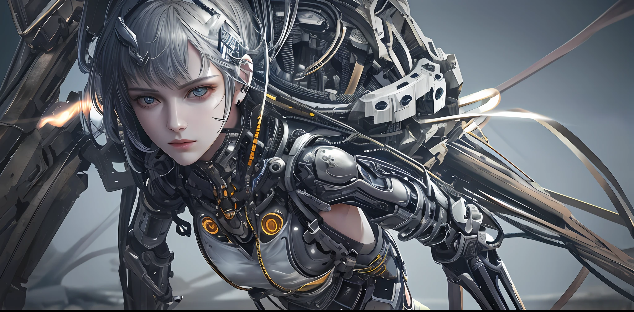 1mechanical girl,((ultra realistic details)), portrait, global illumination, shadows, octane render, 8k, ultra sharp,metal,intricate, ornaments detailed, cold colors, egypician detail, highly intricate details, realistic light, trending on cgsociety, glowing eyes, facing camera, neon details, machanical limbs,blood vessels connected to tubes,mechanical vertebra attaching to back,mechanical cervial attaching to neck,sitting,wires and cables connecting to head