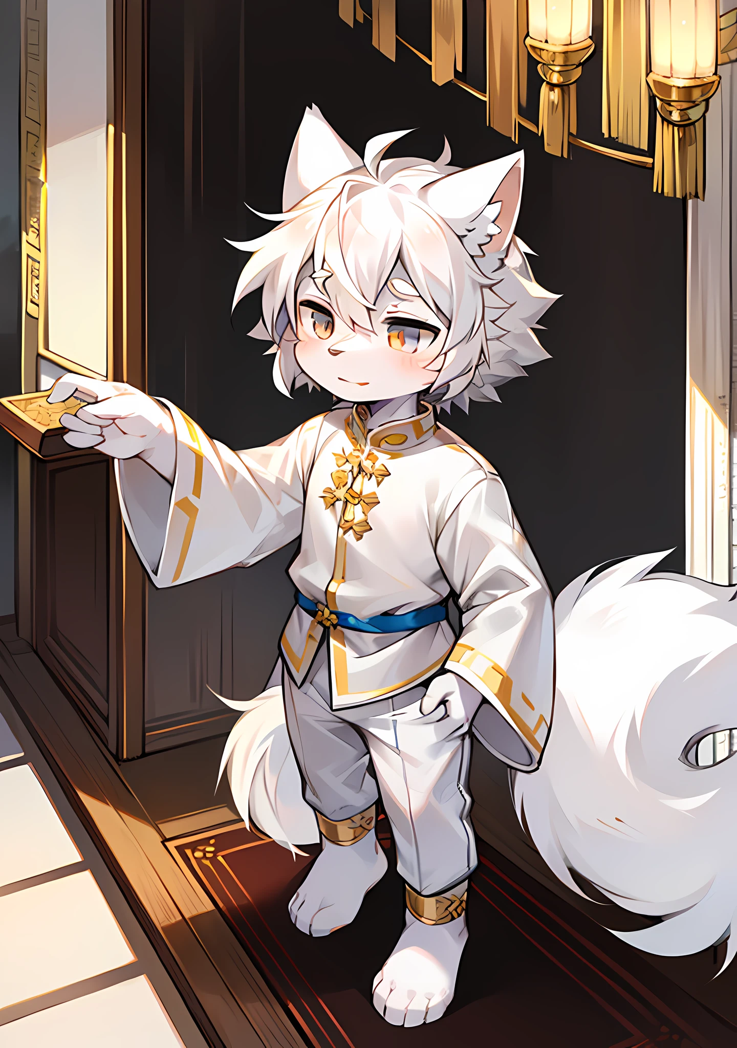 furry , white wolf boy, white wolf boy, white wolf boy, white wolf boy, little man, (long white wolf tail), little feet (with socks), flower anklet, white hair, silver eyes, , national style clothes (light color), aoeu, aoeu, aoeu, long cheongsam (outer garment), hanfu (outer garment), white clothes (inner shirt), boy, boy , boy , boy, noble clothes (light color), cute, Shota, on the way