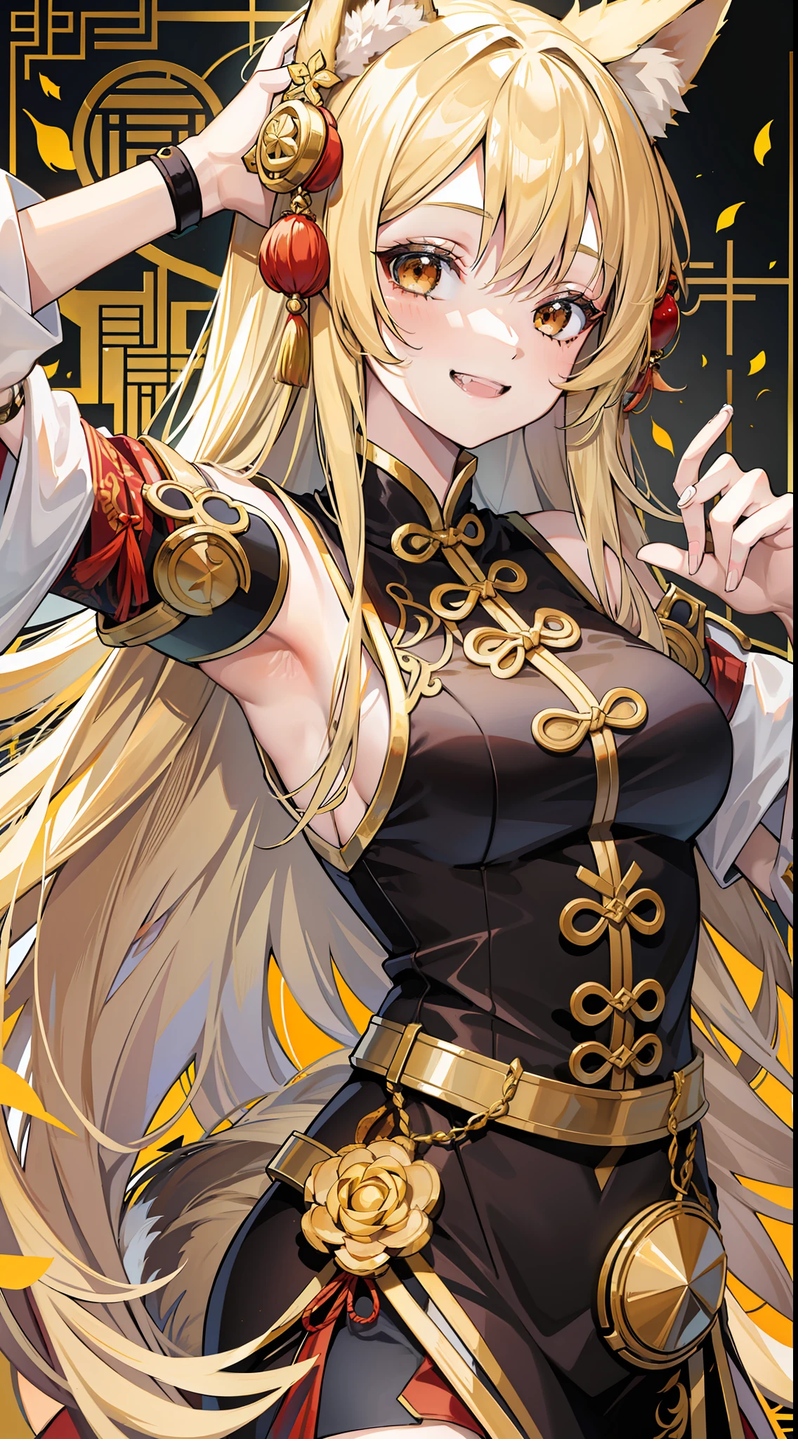 Adult girl, long lush blonde hair, brown eyes, wolf ears, Chinese clothes, sleeveless, cheerful look, smile, masterpiece, high quality