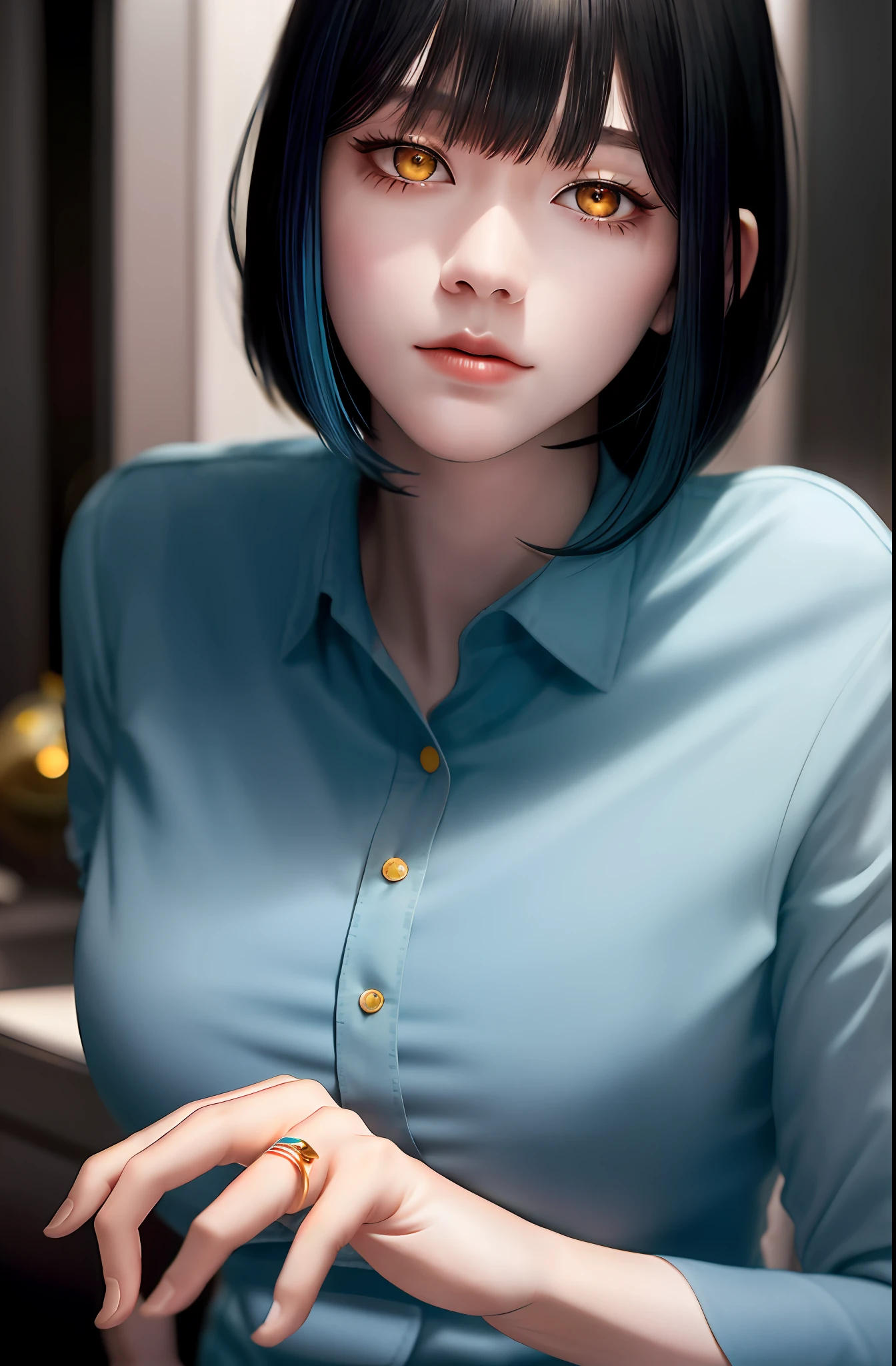 Masterpiece, (Photorealistic: 1.4), Top Quality, Beautiful Lighting, (ulzzang-6500:0.5), Makima \(Chainsaw Man\), (Bob Hair) + (Black Hair) + (Bangs), Yellow Eyes, Golden Eyes, (((Ring-shaped Eyes)), (Blue Shirt), RAW Photography, 8k UHD, Film Grain