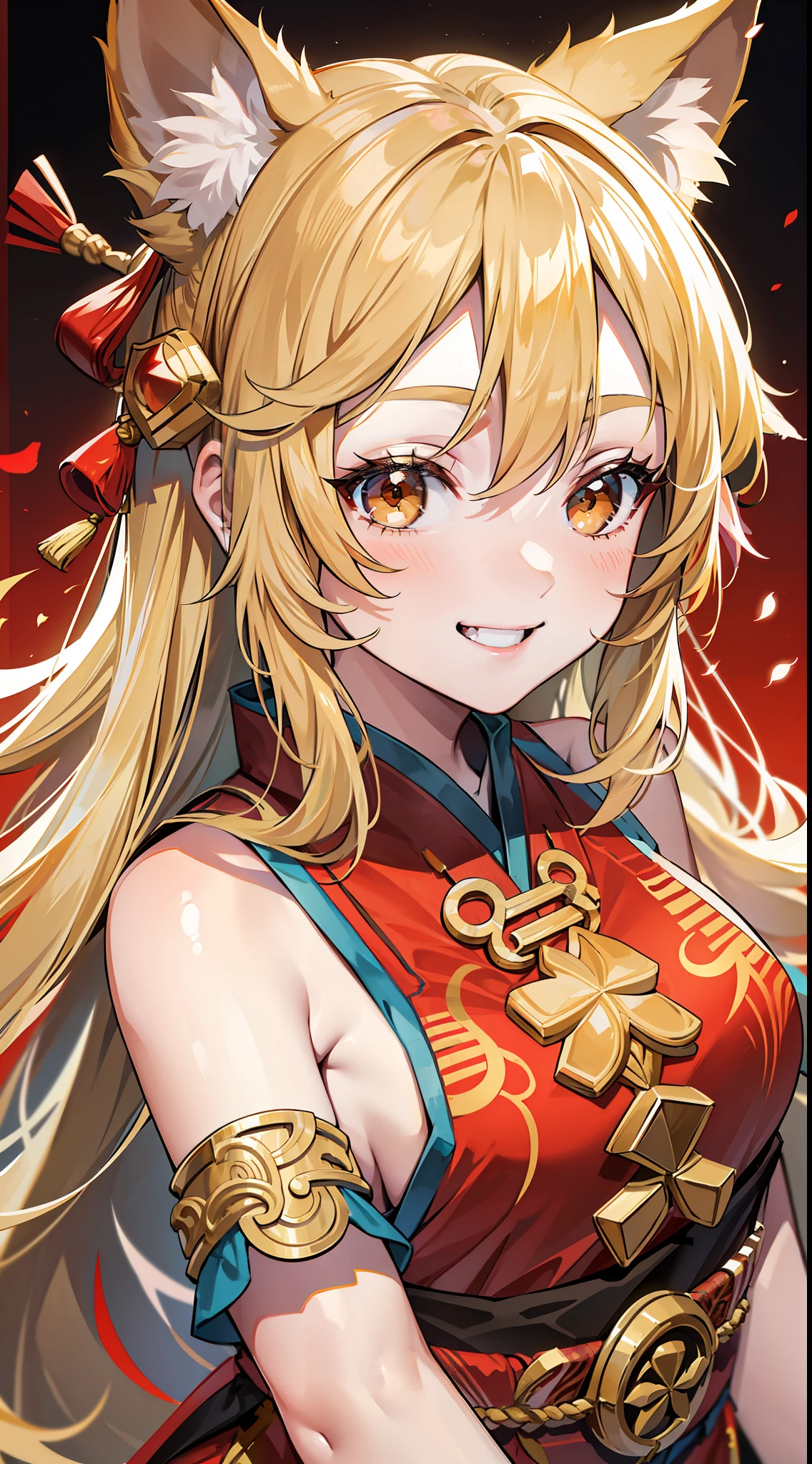 Adult girl, long lush blonde hair, brown eyes, wolf ears, Chinese clothes, sleeveless, cheerful look, smile, masterpiece, high quality