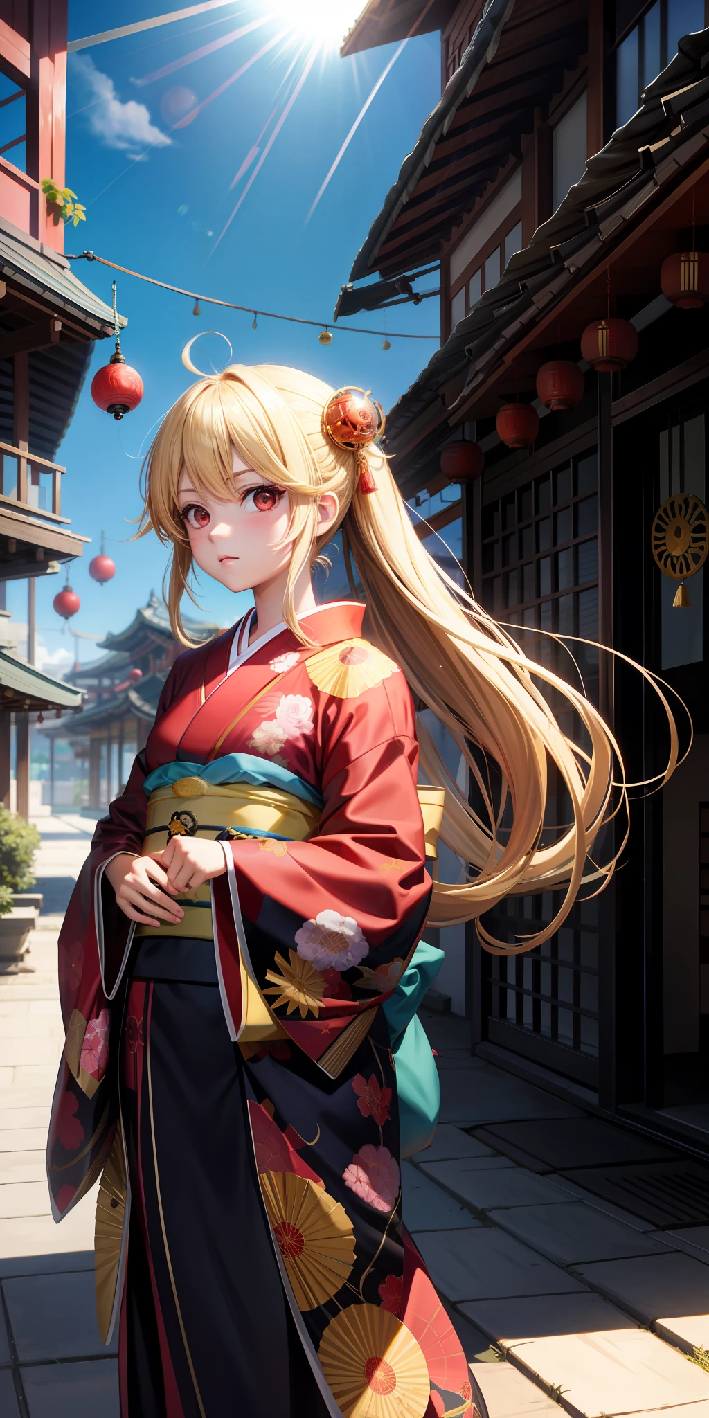 anime, girl alone, blonde, red eyes, kimono, sun, sunlight, wind chimes