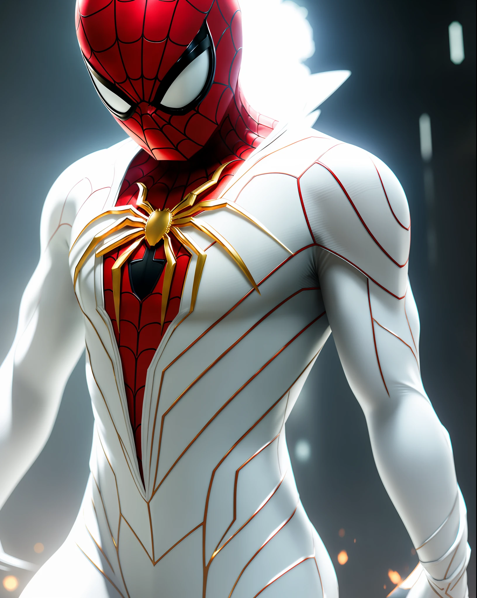 spider man in a white outfit with Golden spider in the center of his chest, organic looking outfit, texture gooey symbiote covering everything, white eyes, fine art, ps5 cinematic screenshot,highly detailed detailed cinematic rendering, ultra photorealistic raytricing, with cinematic lighting, futuristic