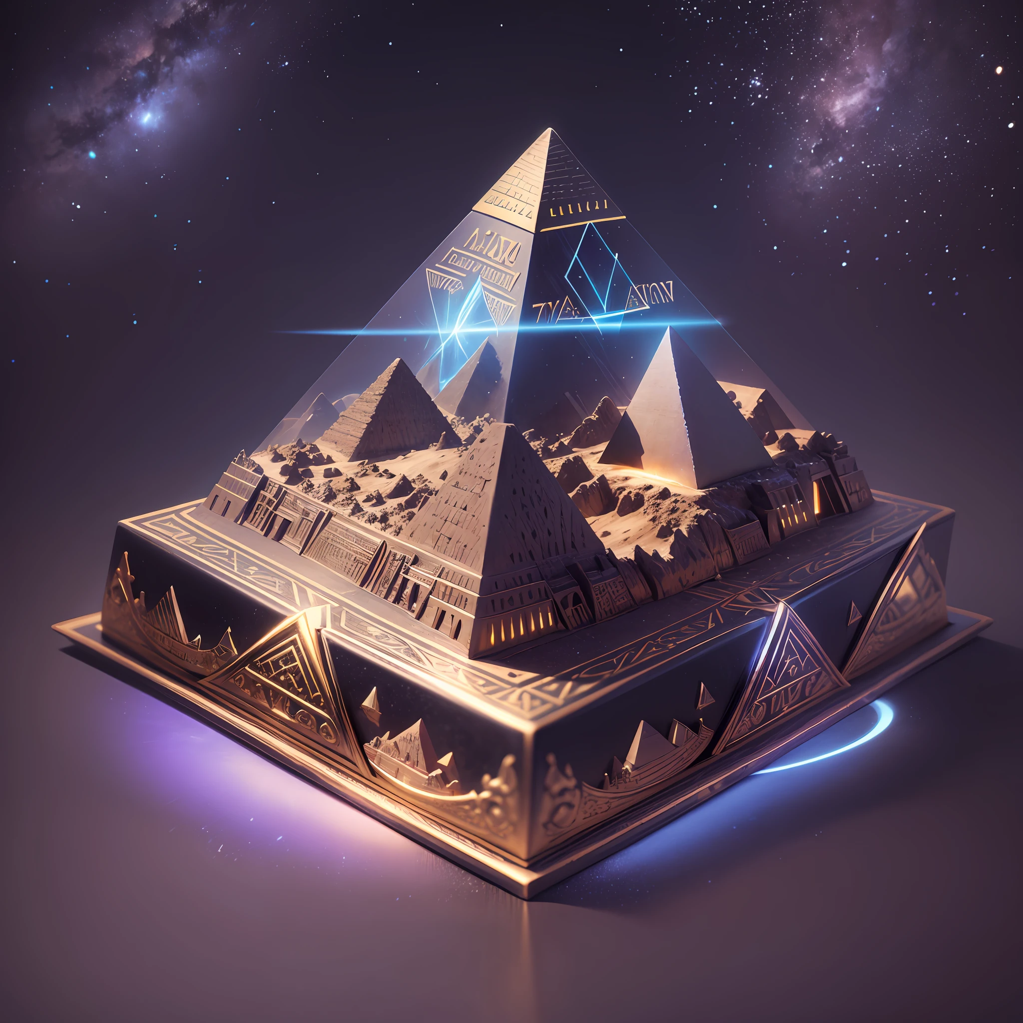 Open magic book with 3d model of Pyramids of Giza in Egypt above in this, holographic style ultra detail