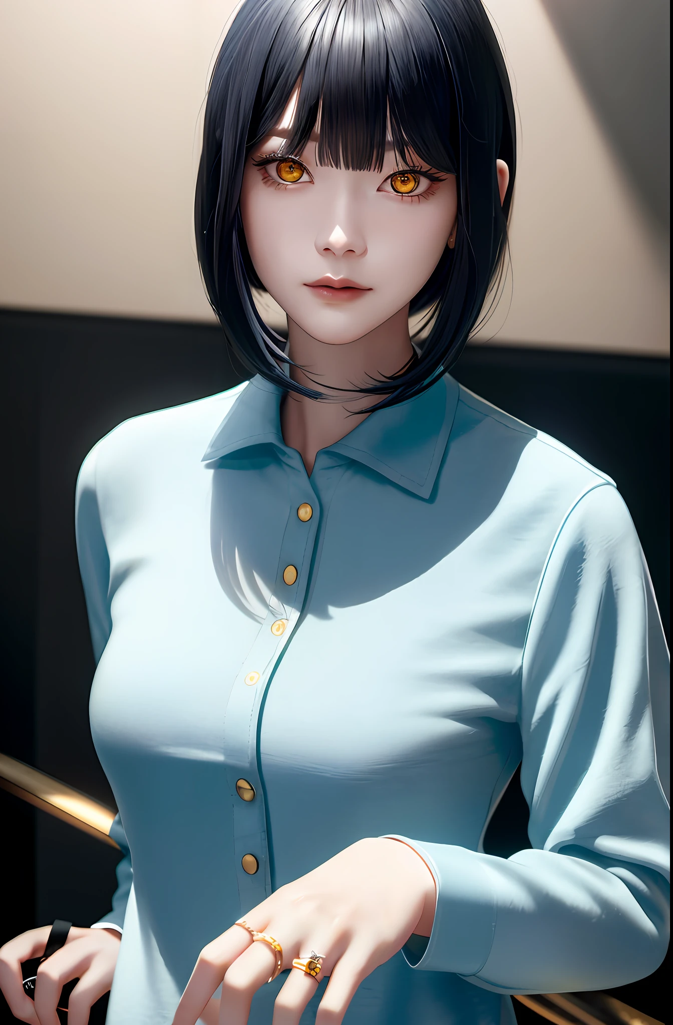 Masterpiece, (Photorealistic: 1.4), Top Quality, Beautiful Lighting, (ulzzang-6500:0.5), Makima \(Chainsaw Man\), (Bob Hair) + (Black Hair) + (Bangs), Yellow Eyes, Golden Eyes, (((Ring-shaped Eyes)), (Blue Shirt), RAW Photography, 8k UHD, Film Grain