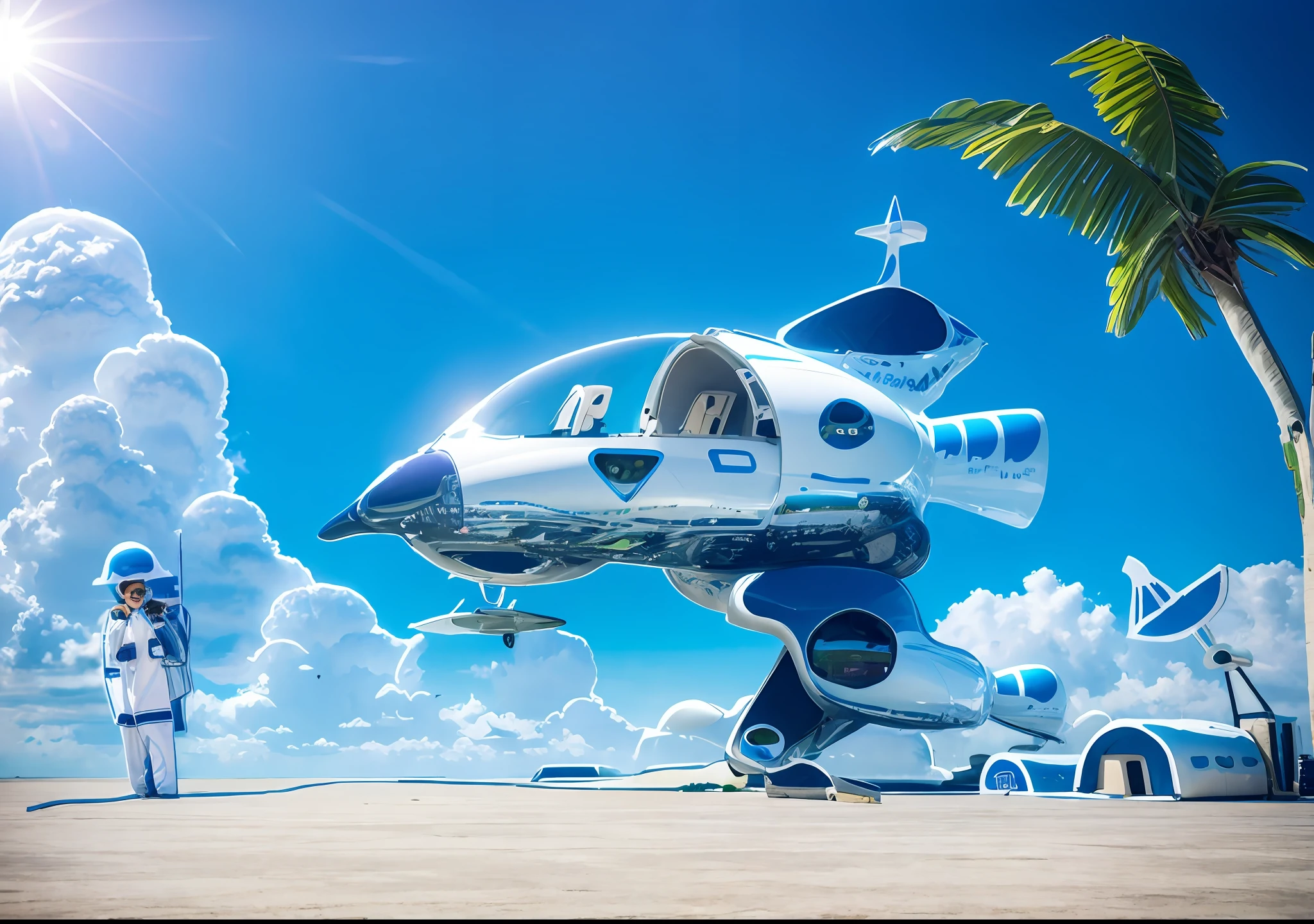 futuristic plane, photorealistic, photo quality, palm tree, entrance cloud