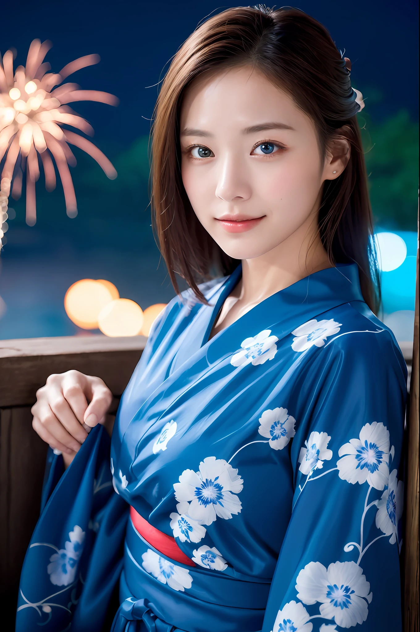 ((masterpiece, top quality, super definition, high definition)), 4K. solo, beautiful girl, shining eyes, perfect eyes, beautiful sister of Japan, blue theme, yukata, background is night fireworks