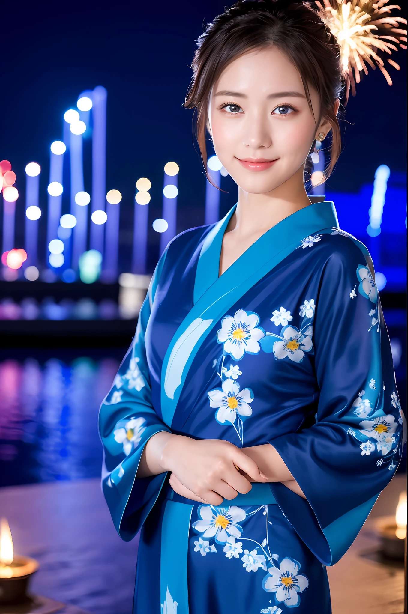 ((masterpiece, top quality, super definition, high definition)), 4K. solo, beautiful girl, shining eyes, perfect eyes, beautiful sister of Japan, blue theme, yukata, background is night fireworks