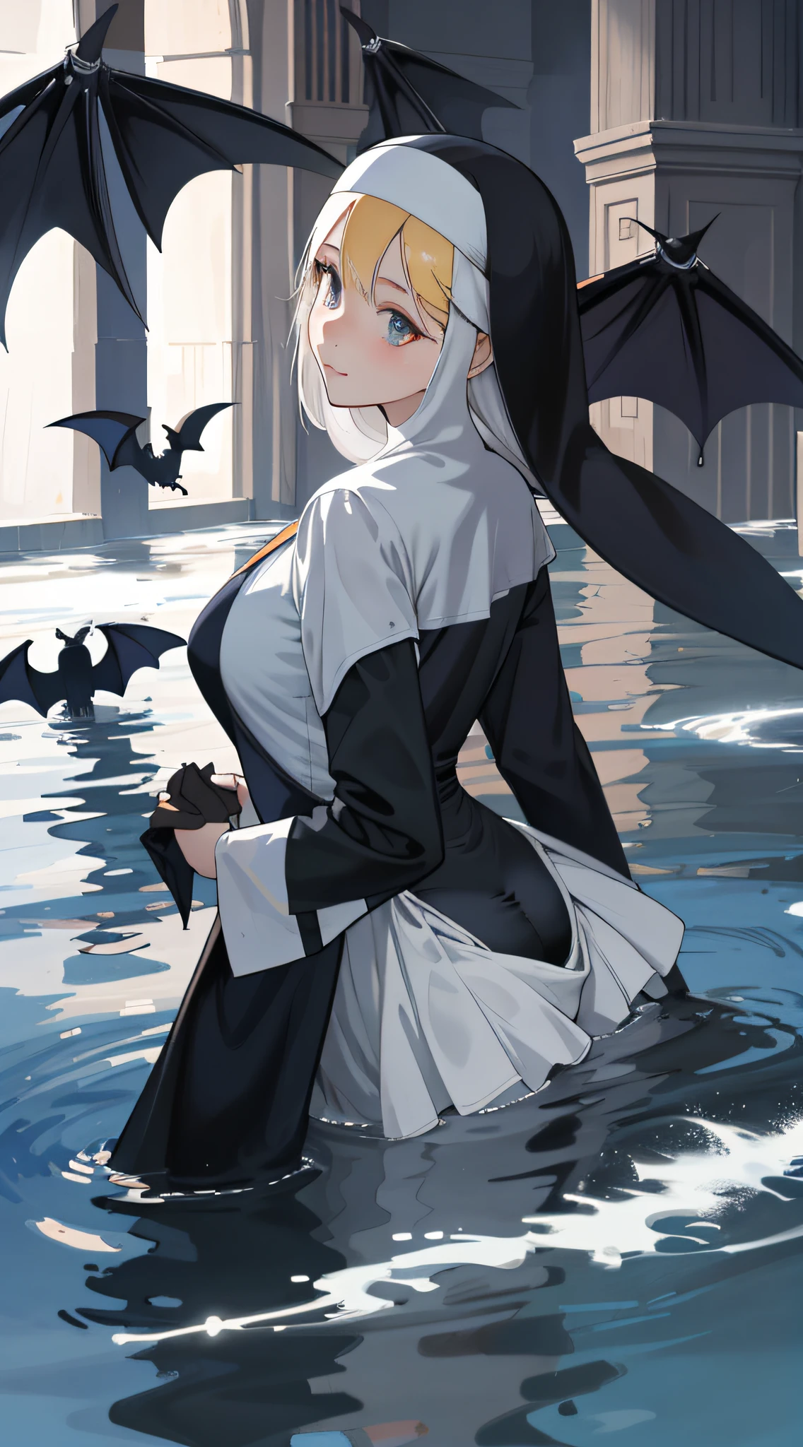 Anime image of woman in nun costume in water, cute sexy bat, [4K digital art]!, 3DCG, high resolution commission, giant tess art, beautiful anime girl illuminated from behind, crouching, drawn in high definition, detailed digital anime art, big