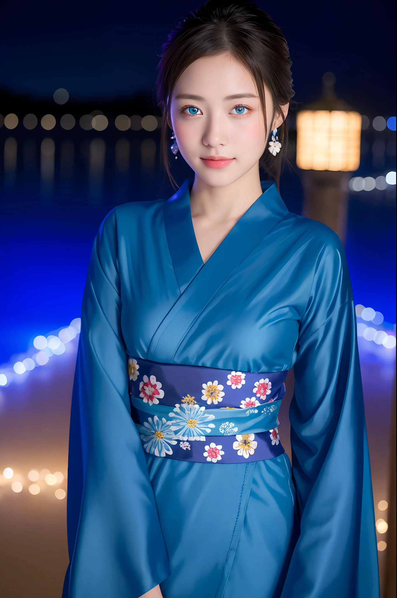 ((masterpiece, top quality, super definition, high definition)), 4K. solo, beautiful girl, shining eyes, perfect eyes, beautiful sister of Japan, blue theme, yukata, background is night fireworks