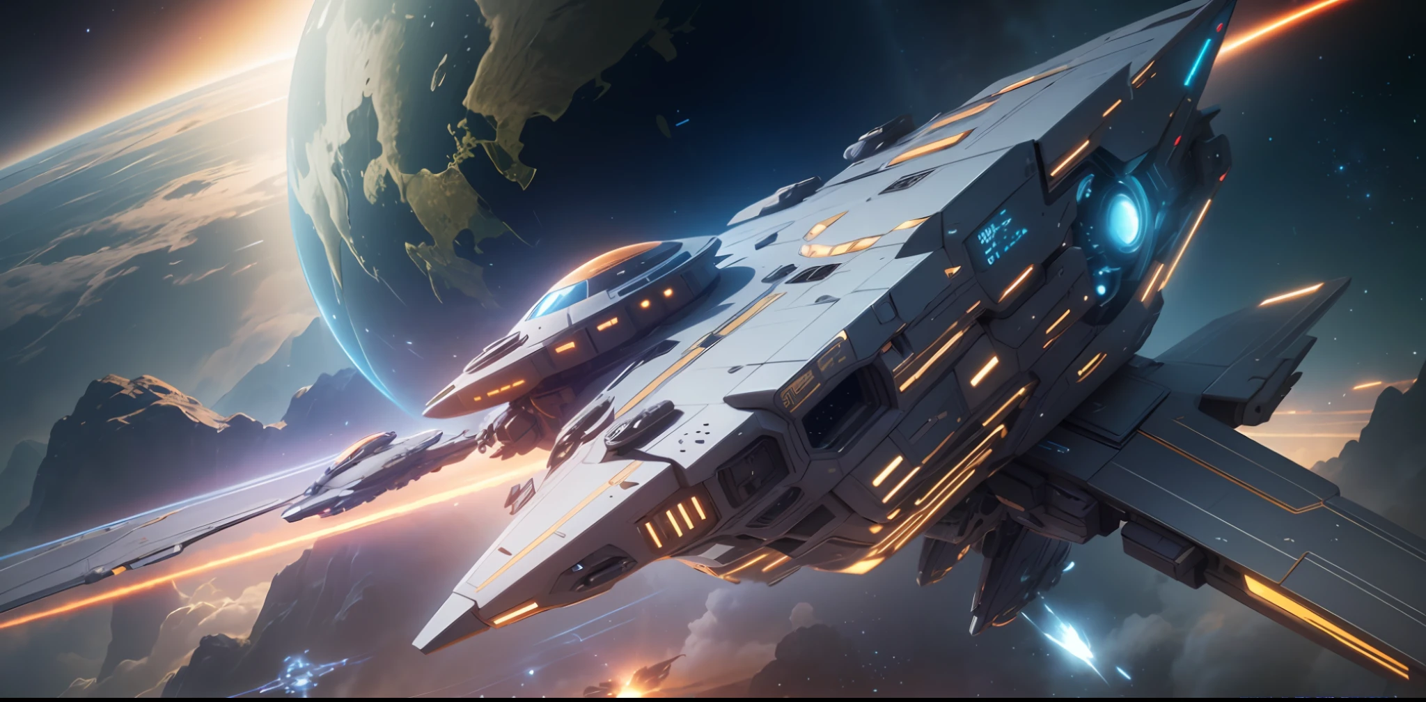spaceship flying in the sky with a planet in the background, sci - fi spaceship in combat, an epic space ship scene, star citizen digital art, futuristic spaceship, 8 k cg render, fantasy style 8 k octane render, unreal engine', octane render sci - fi, ( ( unreal engine ) ), scifi spaceship, cinematic scifi shot, rendered in redshift --auto --s2