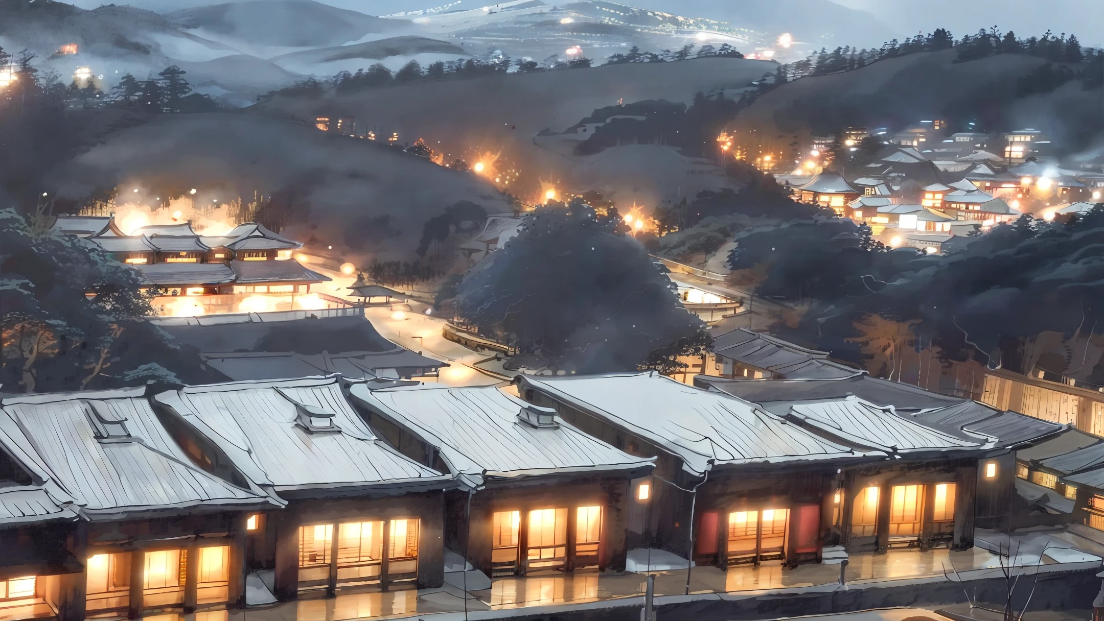 Dogo Onsen, mysterious, night, village view with lots of lights on buildings, dreamy Japan town, Japan village, super beautifully lit buildings, evening, beautifully aesthetic, photonic, fantastic, cinematic, 8K, high quality