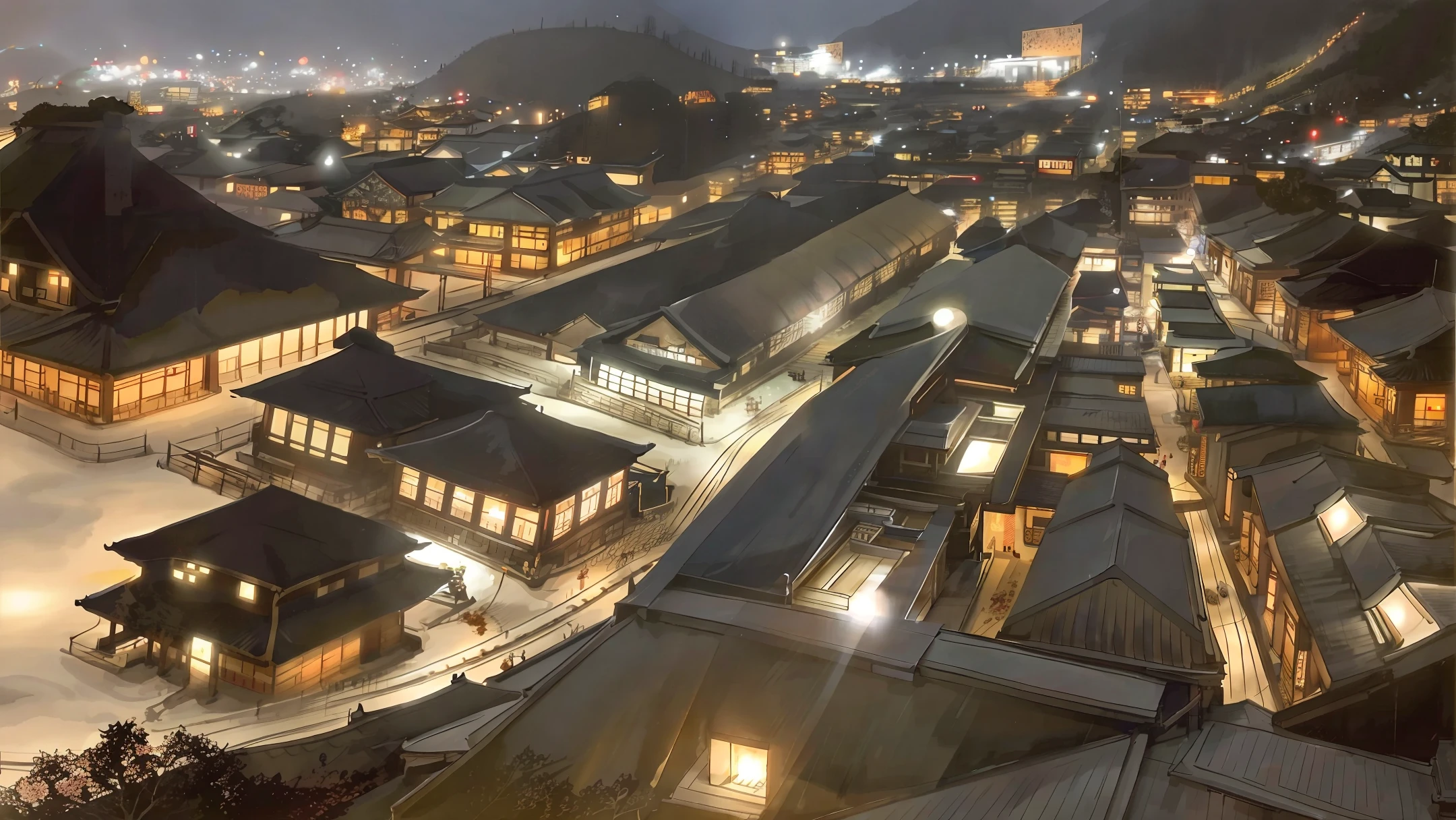 Dogo Onsen, mysterious, night, village view with lots of lights on buildings, dreamy Japan town, Japan village, super beautifully lit buildings, evening, beautifully aesthetic, photonic, fantastic, cinematic, 8K, high quality