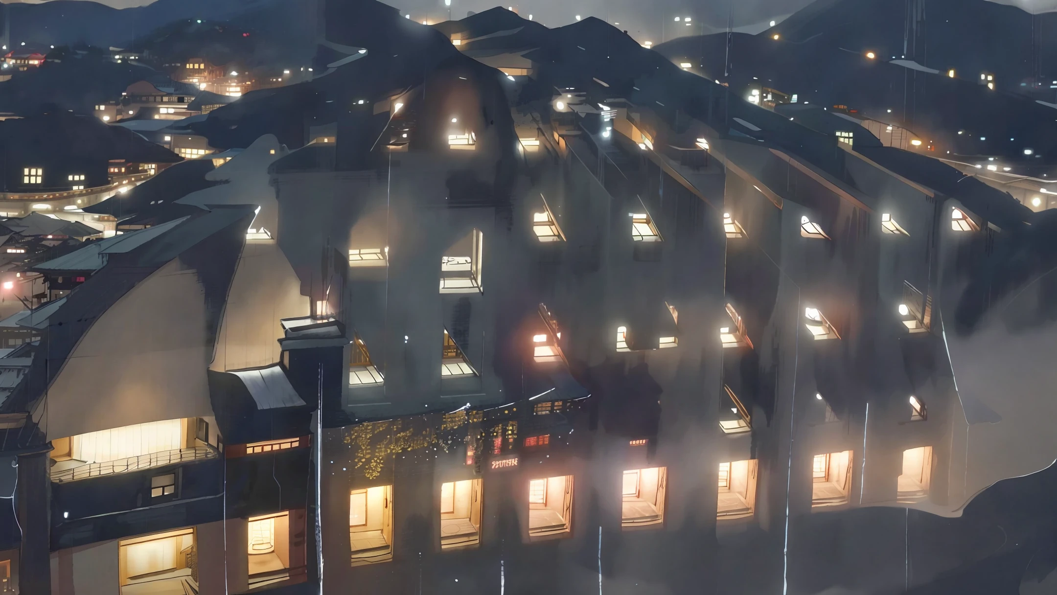 Dogo Onsen, mysterious, night, village view with lots of lights on buildings, dreamy Japan town, Japan village, super beautifully lit buildings, evening, beautifully aesthetic, photonic, fantastic, cinematic, 8K, high quality