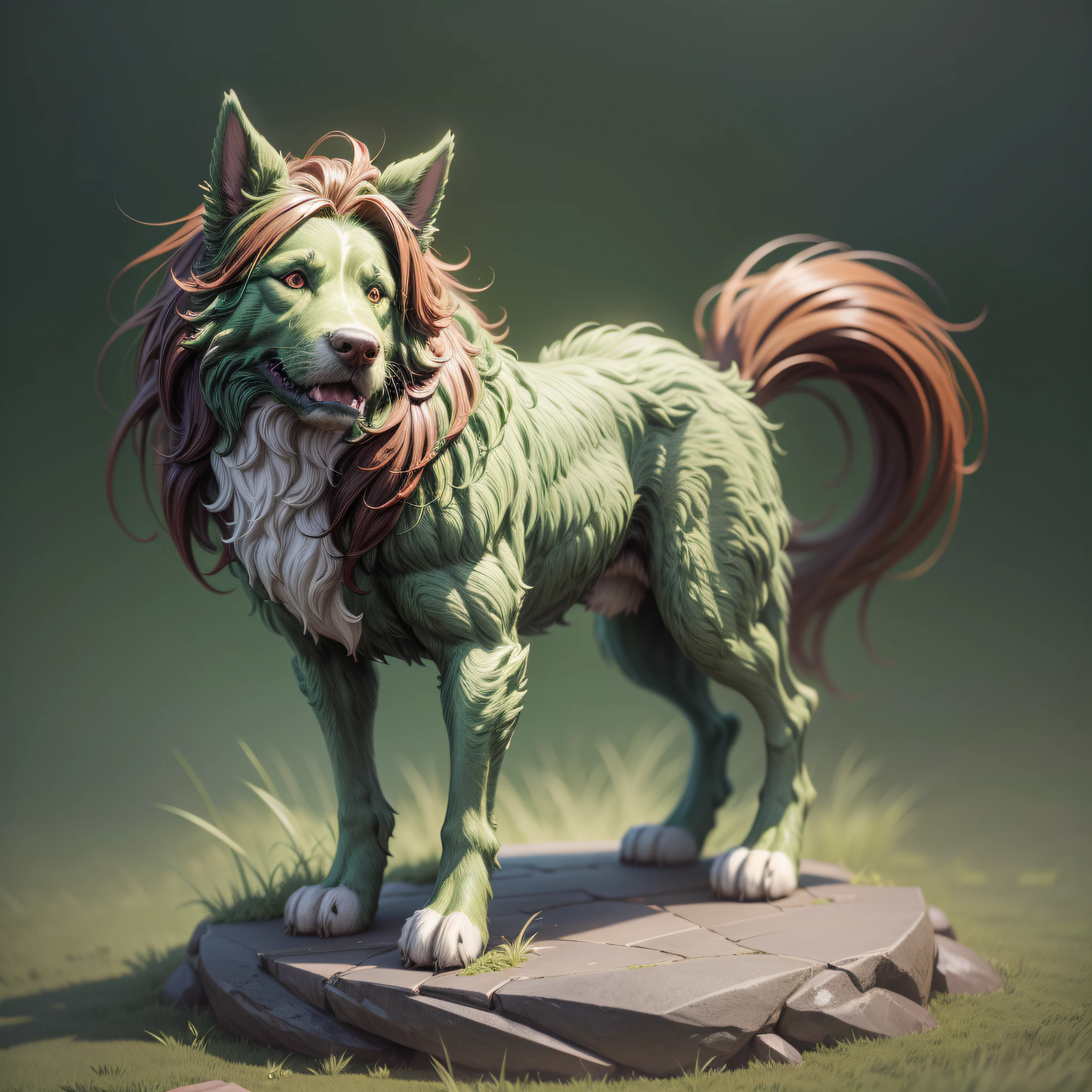 there is a green statue of a dog with a long mane, rendered in redshift, zbrush render, trending on polycount, colored zbrush render, 3 d sculpture octane render 8 k, marmoset render, by Jeremy Chong, zbrush 3 d render, high - poly, rendered in zbrush, 3 d sculpture 8 k octane render