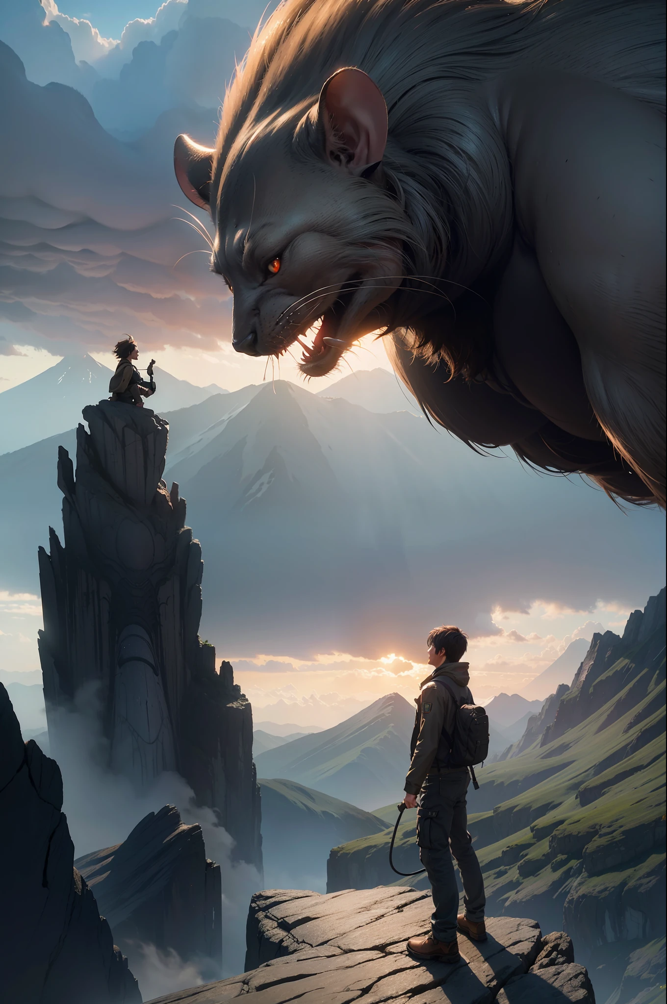 A very detailed matte painting depicting a man on a mountain looking at a giant alien mouse, by Makoto Shinkai, by Artgerm, by WLOP, by Greg Rukowski, volumetric lighting, octane rendering, 4K resolution, ArtStation Trends, Masterpiece
