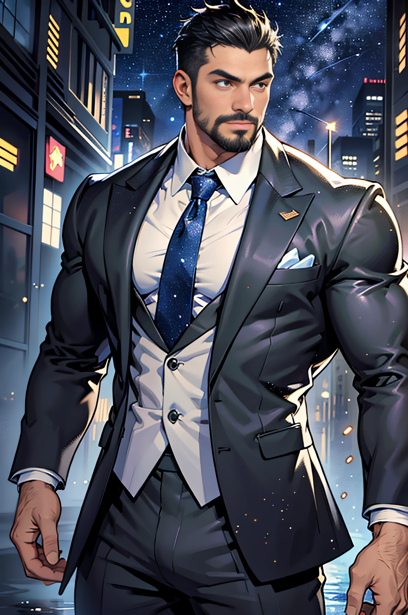 best quality, masterpiece, super high resolution, detailed background, realism, Illustrations, single, male, muscle, volumetric lighting, depth of field, facial hair, black suit, light particles, bulge, starry sky, short hair, perfect eyes, drenched, sexy, masculine, burly, strong, formal wear, tie