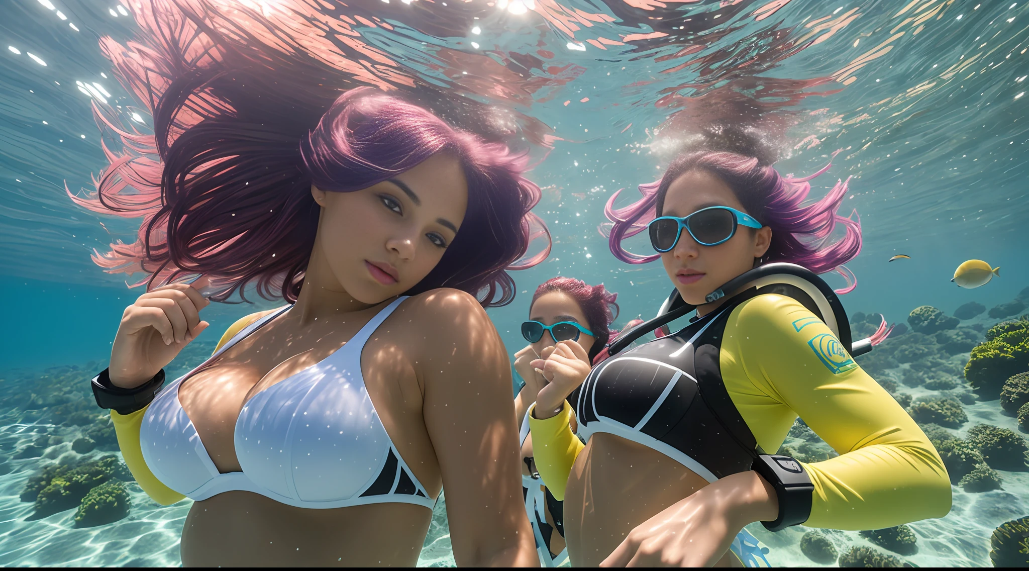 best quality, ultra high res, (photorealistic:1.4), 3 Young Latina girls with random colored hair and a beautiful fit physique, thick ass, hair floats in water, underwater, (no bra: 1), beautiful detailed, wearing naughty scuba gear