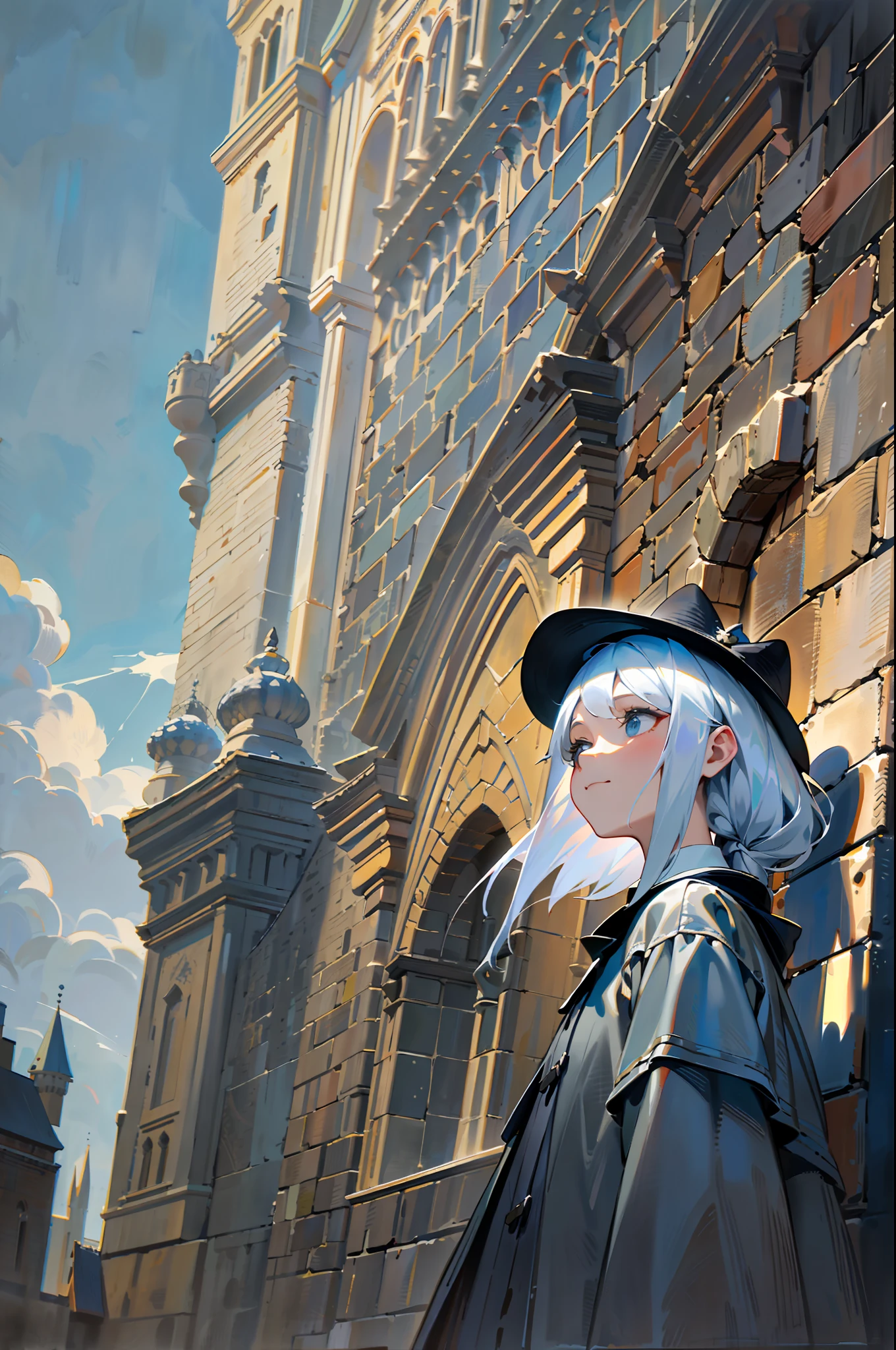 A silver-haired girl trapped in a castle stares at the castle from the outside as if to say goodbye,《(textured oil painting,Overcoat of glaze,thick impasto,Creating light and shadow):1.4, Rembrandt,rich colors, expressive technique,》