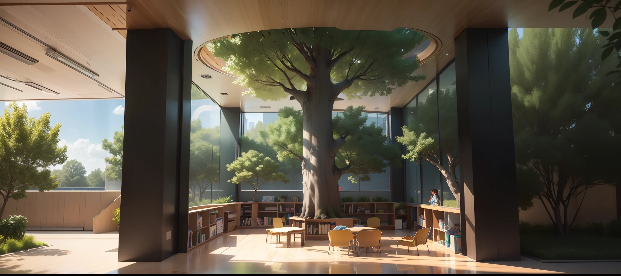 garten classrooms, large window, Learning space, Communication space, Lounge area, Play area, Tree element, the chair, Air circulation, Natural Elements, Child friendly, Secure by design, hyperdetail, high-detail, best qualitc, prize winning, Ray tracing, Verism --auto --s2