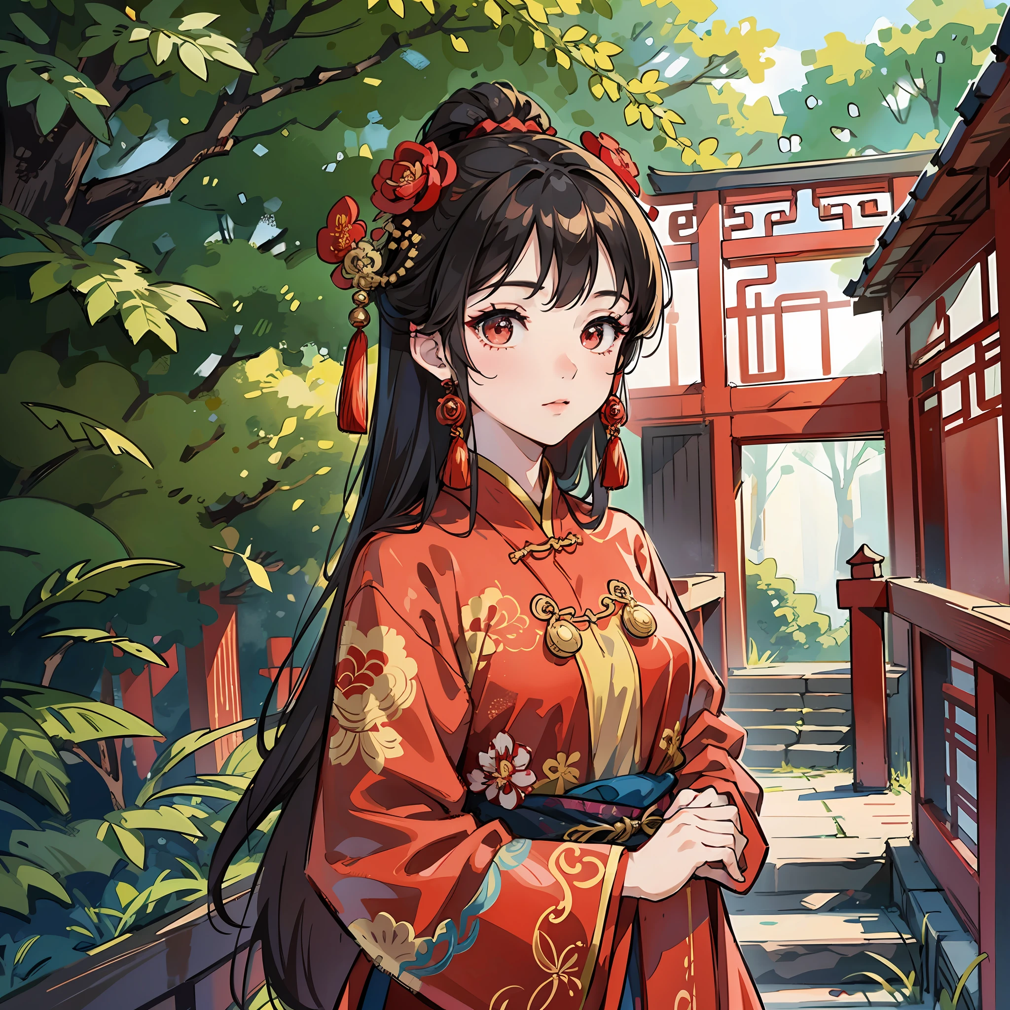 a close up of a woman in a red dress standing in front of a tree, chinese style, traditional chinese, wearing ancient chinese clothes, traditional chinese clothing, chinese woman, hanfu, with acient chinese clothes, chinese girl, chinese princess, chinese dress, palace , a girl in hanfu, chinese costume, wearing a red cheongsam, traditional beauty --auto --s2