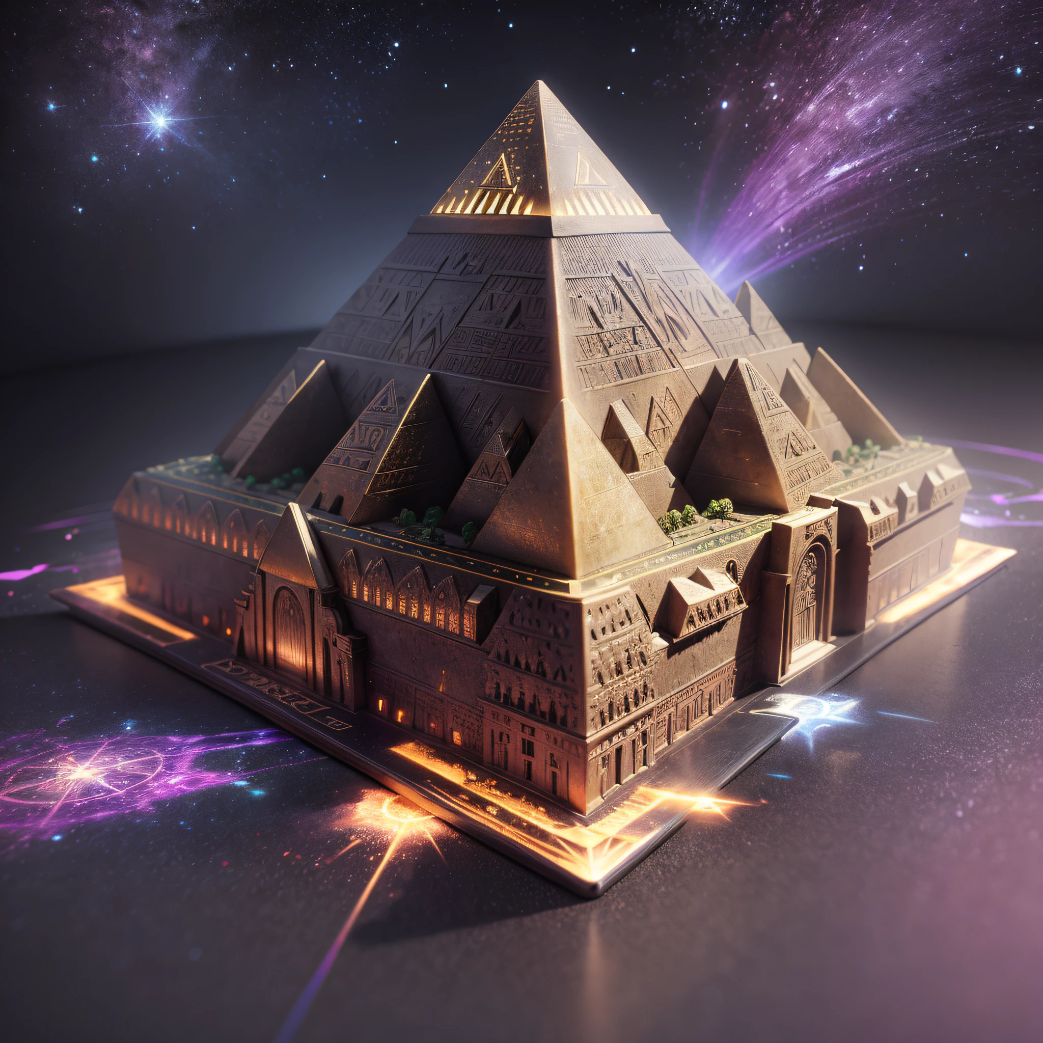 Open magic book with 3d model of Pyramids of Giza in Egypt above in this, holographic style ultra detail