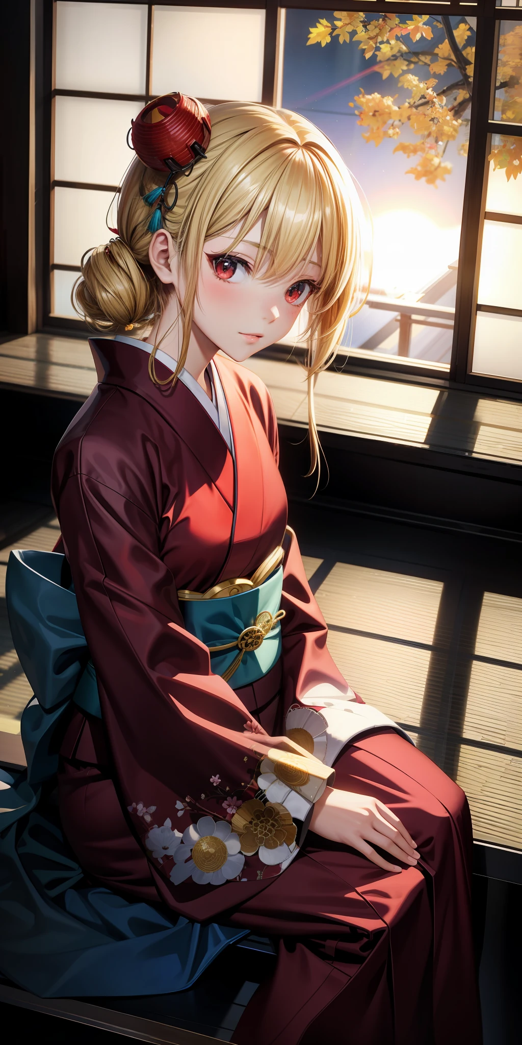 anime, girl single, blonde, red eyes, kimono, sun, sunlight, sitting, indoor, japanese room