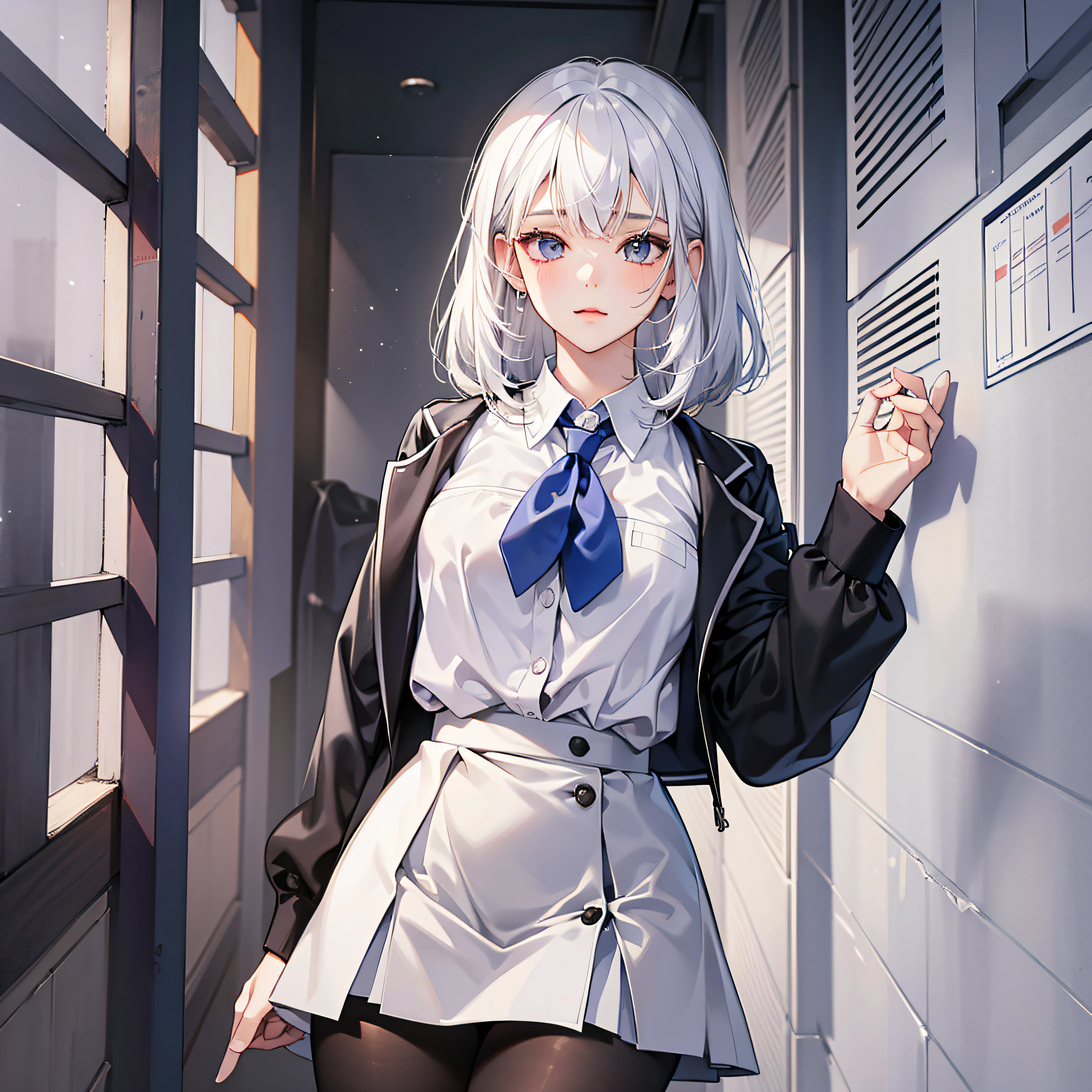 Girl, School Uniform, White Hair, Seductive, Micro Skirt, Pantyhose, Best Quality, Ultra High Resolution --auto --s2