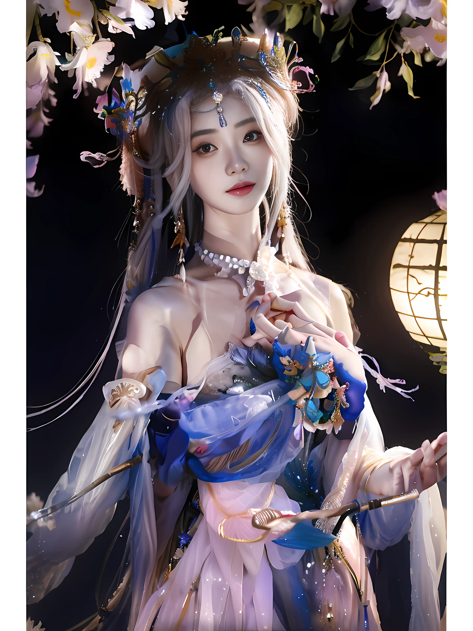 a close up of a woman in a dress with flowers on her head, palace ， a girl in hanfu, inspired by Lan Ying, a beautiful fantasy empress, full body xianxia, anime girl cosplay, chinese costume, with acient chinese clothes, inspired by Qiu Ying, ((a beautiful fantasy empress)), hanfu, inspired by Huang Ji
