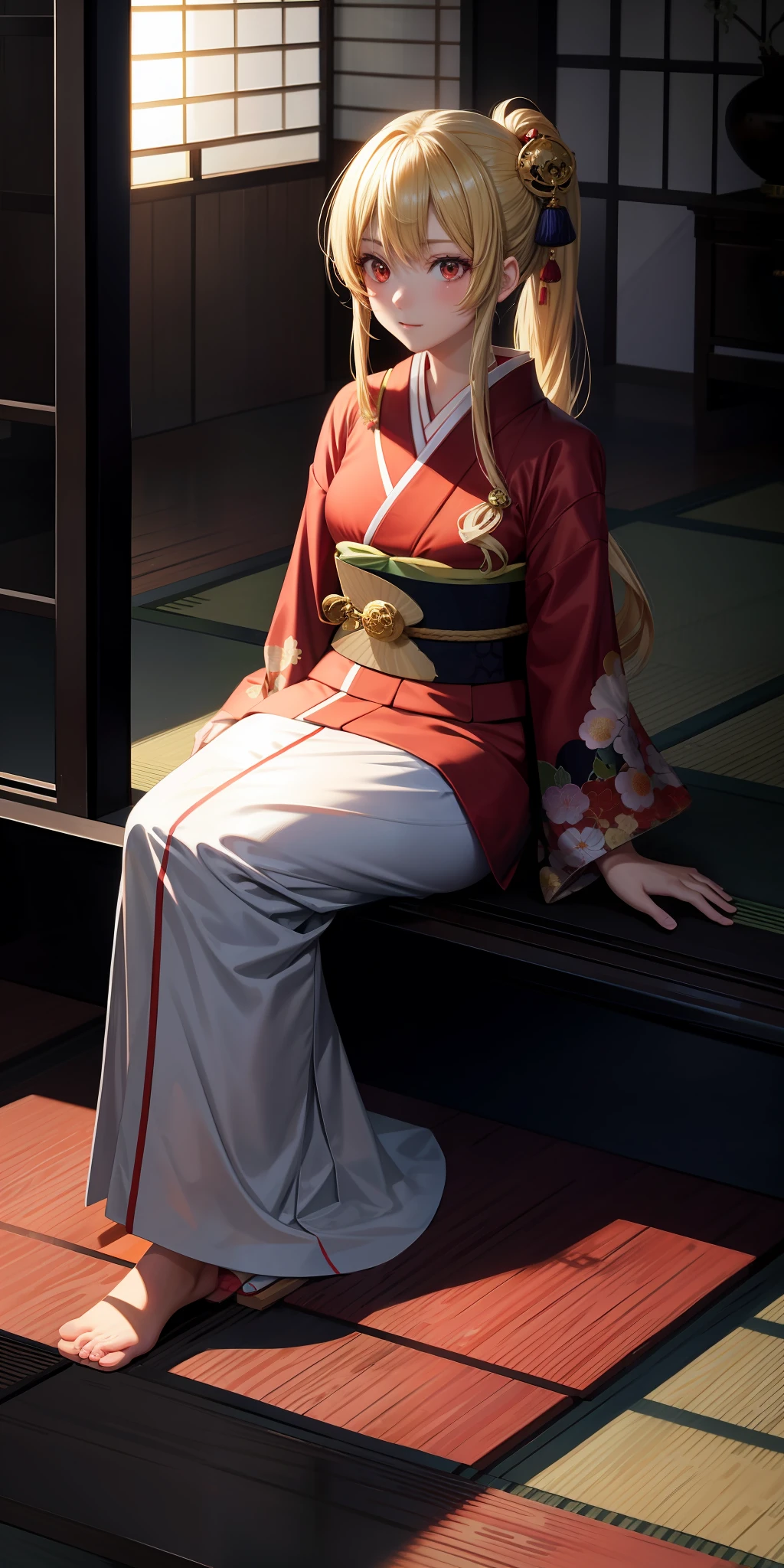 anime, girl single, blonde, red eyes, kimono, sun, sunlight, sitting, indoor, japanese room
