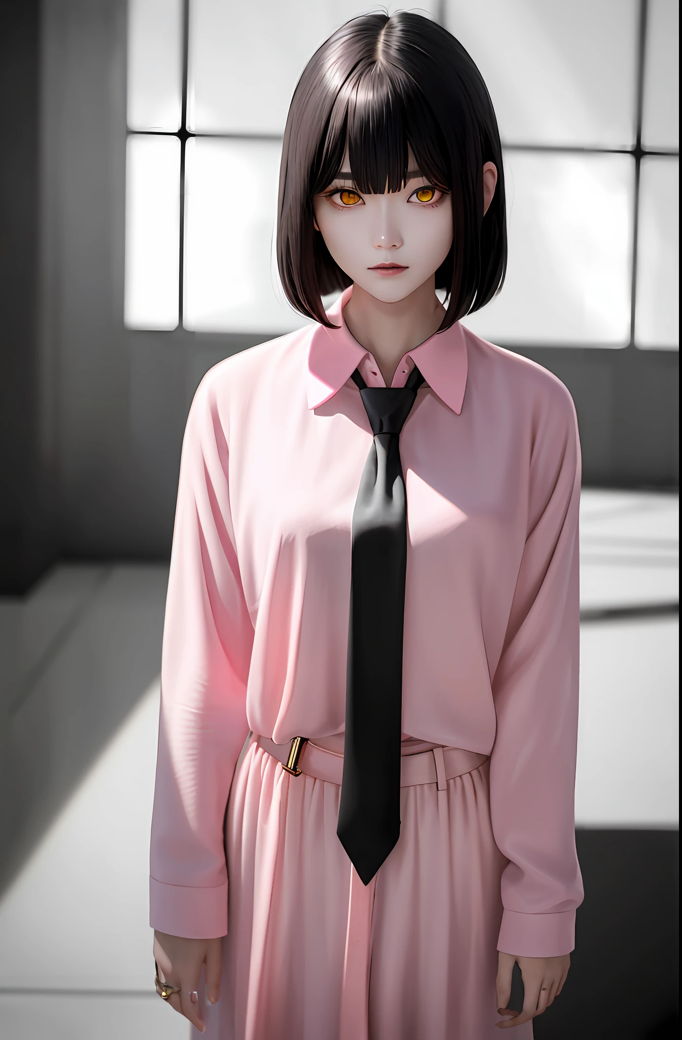 Masterpiece, (Photorealistic: 1.4), Top Quality, Beautiful Lighting, (ulzzang-6500:0.5), Makima \(Chainsaw Man\), (Bob Hair) + (Black Hair) + (Bangs), Yellow Eyes, Golden Eyes, (((Ring Eyes)), (Pink Shirt), (Tie), RAW Photography, 8k UHD, Film Grain