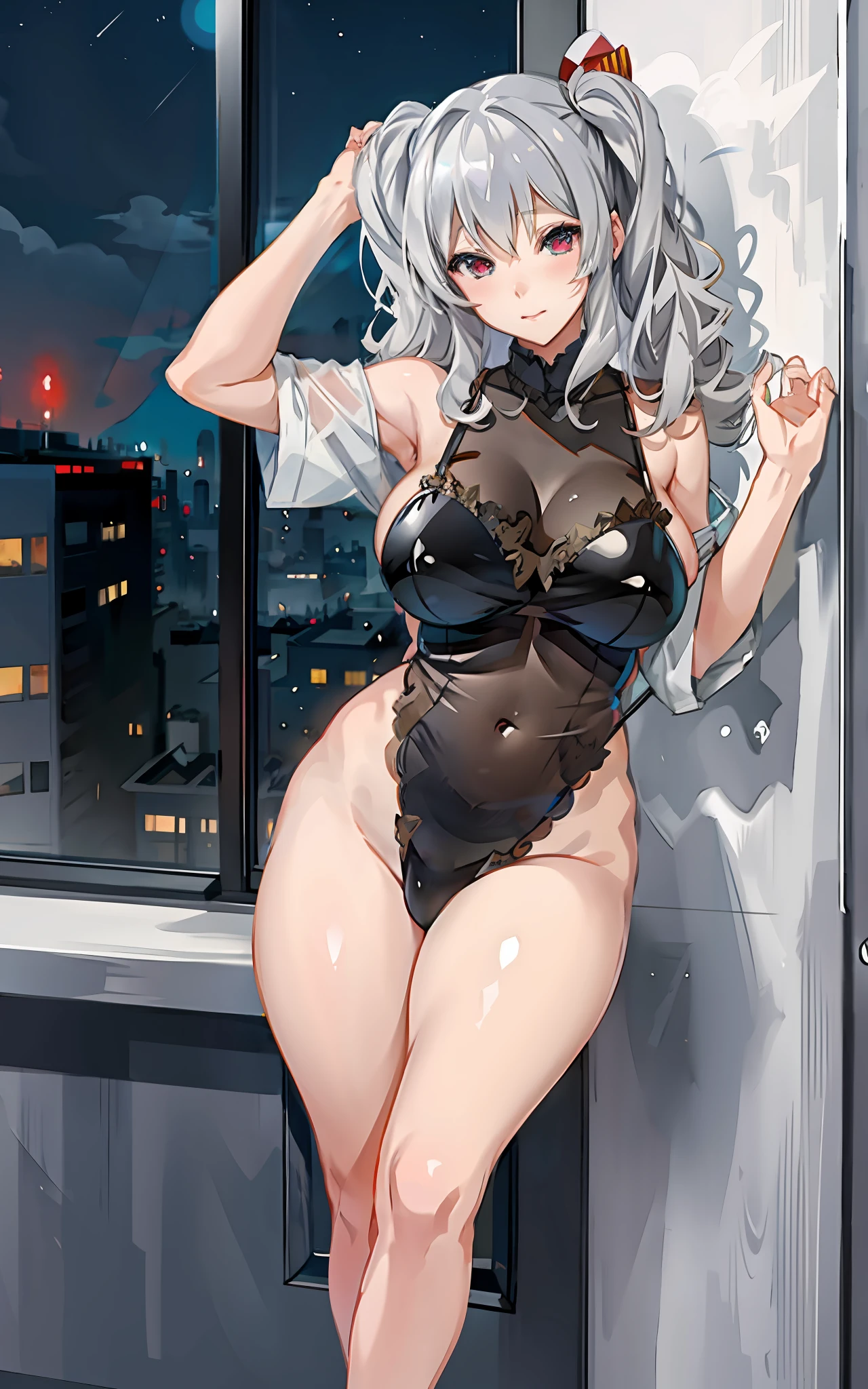 ((anime girl with big breast posing in front of a window in hotel)), (((night view))), ((twintail)), seductive anime girl, best anime 4k konachan wallpaper, perfect white haired girl, attractive anime girl, 4k anime wallpaper, 4 k manga wallpaper, oppai, detailed digital anime art, anime best girl, beautiful anime girl, detailed anime artwork, beautiful alluring anime woman