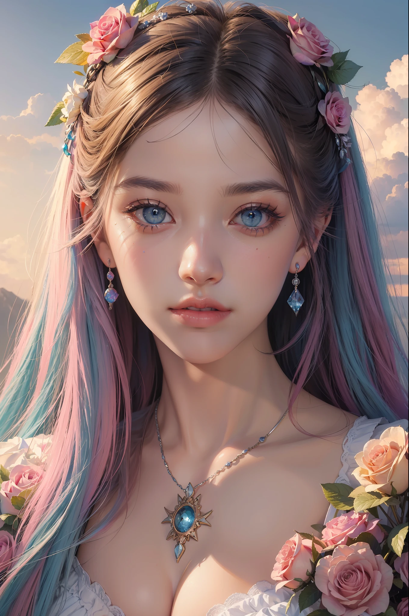 ( Absurd, High quality, ultra-detailed, masterpiece, concept art, smooth, highly detailed artwork, hyper-realistic painting )beautiful eyes(eyes detailed),1 pretty girl, Rose with pink, yellow, and blue color, Rainbow, dreamy, clouds, Vivid, fantasy