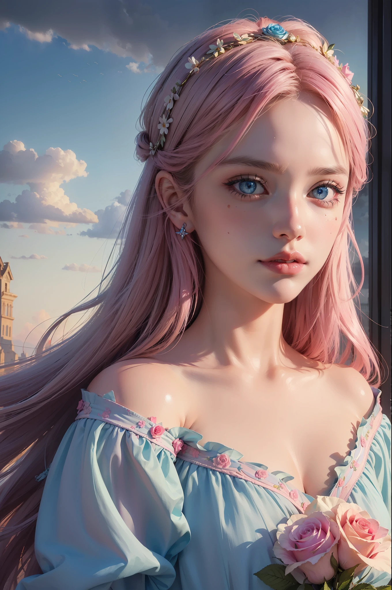 ( Absurd, High quality, ultra-detailed, masterpiece, concept art, smooth, highly detailed artwork, hyper-realistic painting )beautiful eyes(eyes detailed),1 pretty girl, Rose with pink, yellow, and blue color, Rainbow, dreamy, clouds, Vivid, fantasy