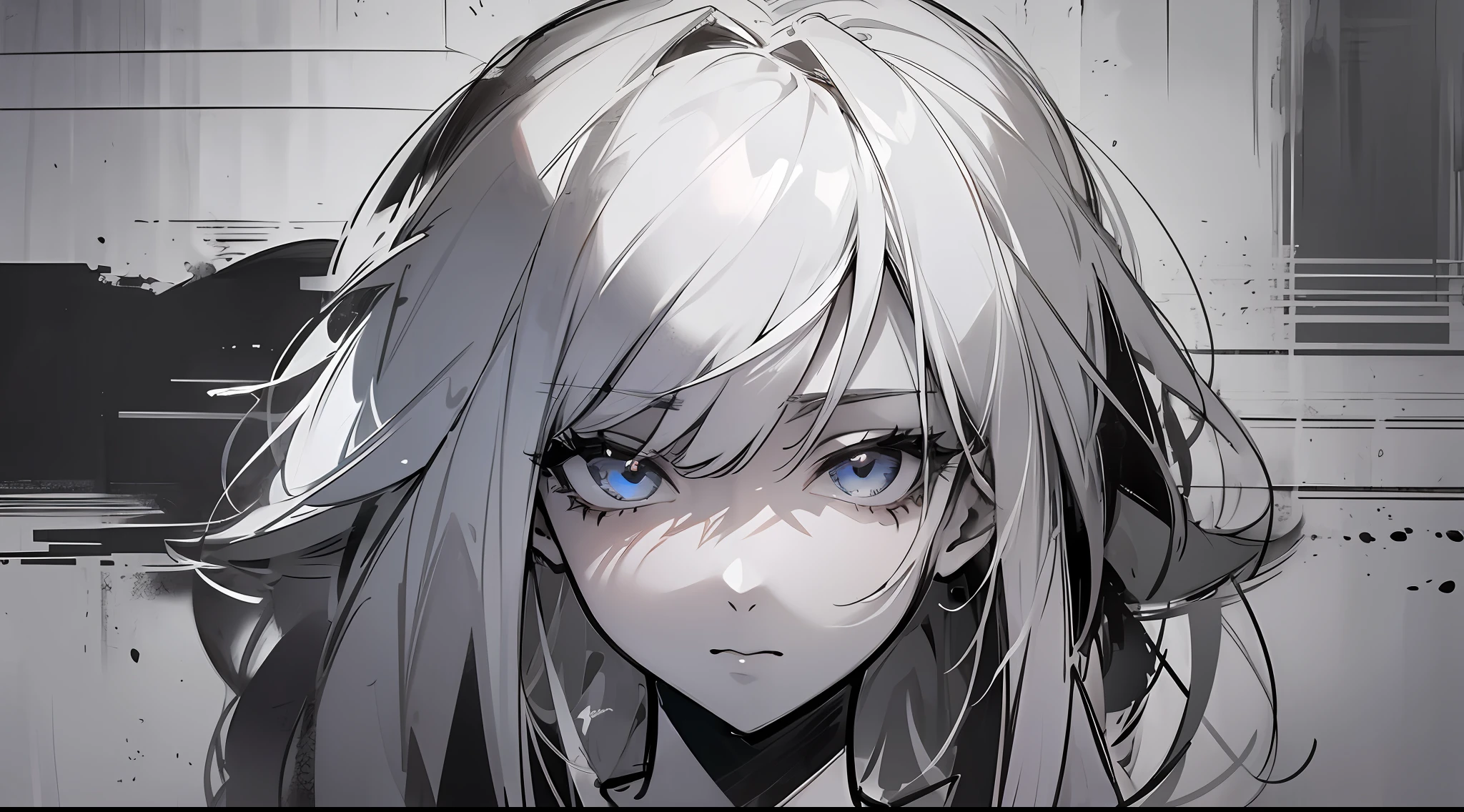 (partial mosaic, white-haired girl, sexy, R18), grayscale shadow, sketch, minimalist style, monochrome background Street art