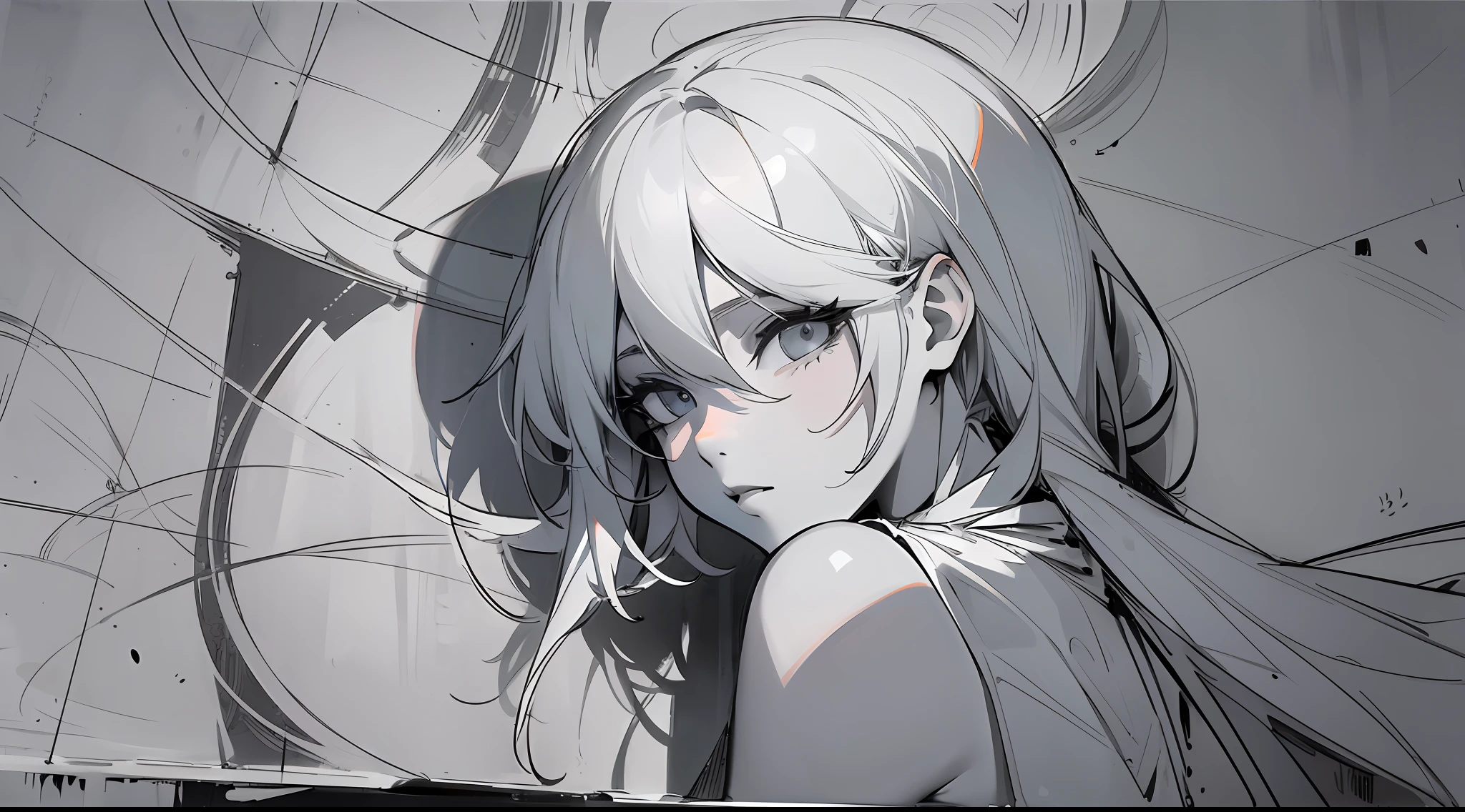 (partial mosaic, white-haired girl, sexy, R18), grayscale shadow, sketch, minimalist style, monochrome background Street art