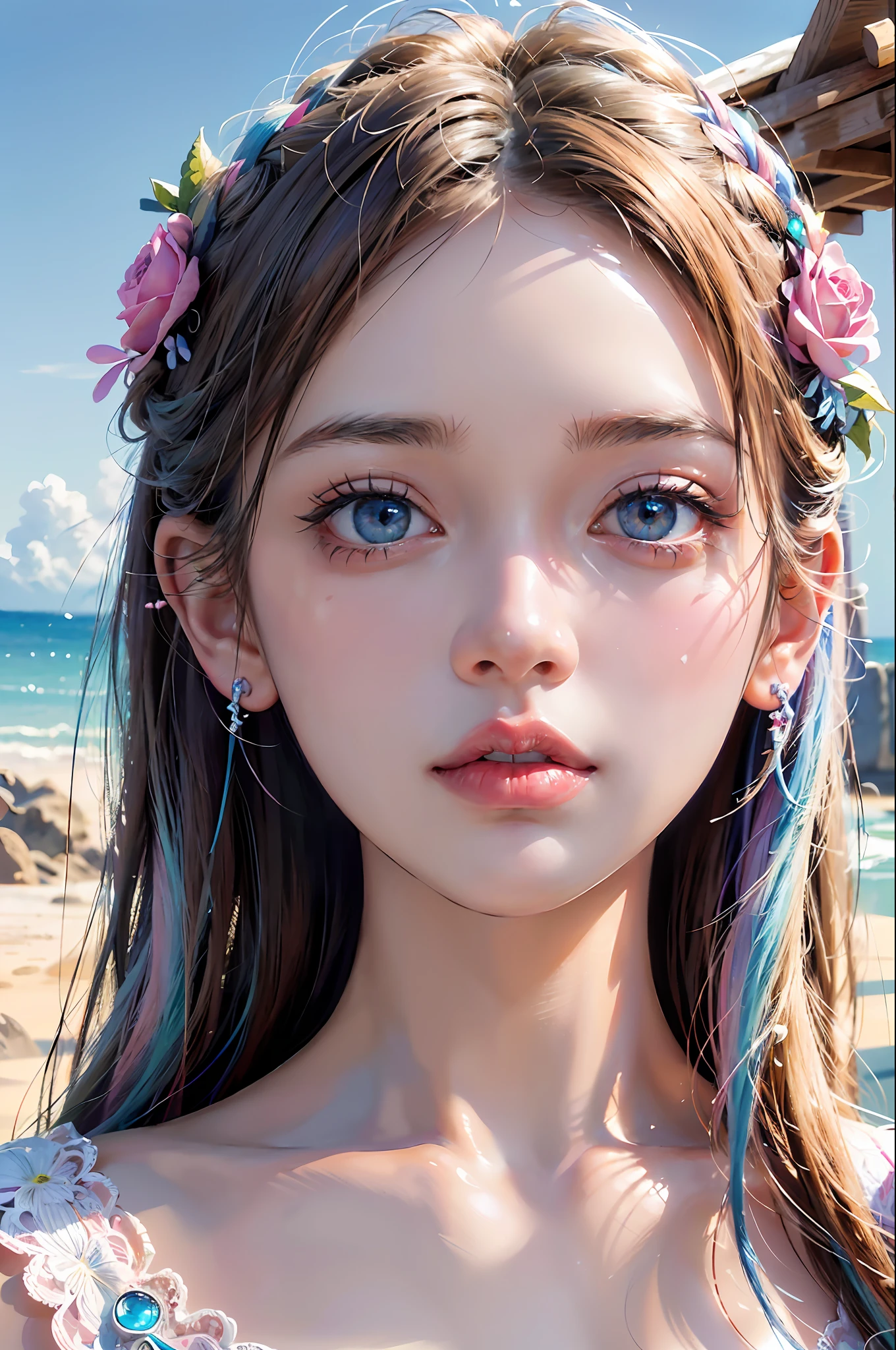 ( Absurd, High quality, ultra-detailed, masterpiece, concept art, smooth, highly detailed artwork, hyper-realistic painting )beautiful eyes(eyes detailed),1 pretty girl, Rose with pink, yellow, and blue color, Rainbow in sky, dreamy, clouds, Vivid, cute and fantasy