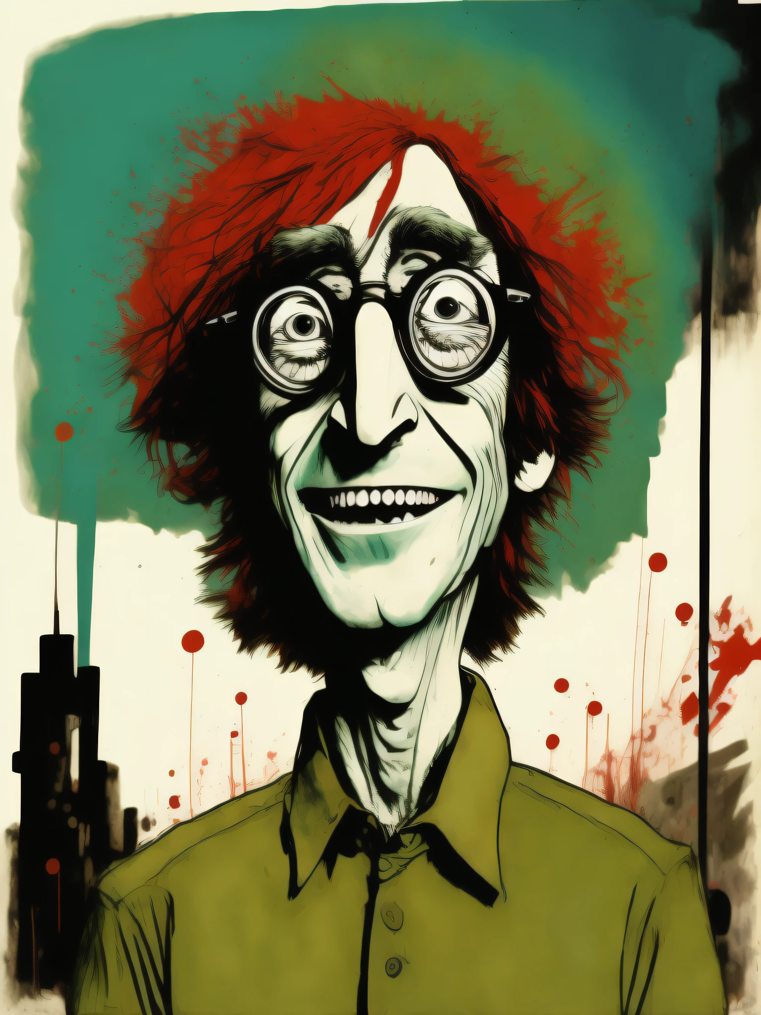 a portrait of John Lennon smiling, electrifying caricature, emphasis on smile, by Ralph Steadman, Dr. Suess, Jenny Saville, Kandinsky, doodle, sketch, surrealist, psychedelic abstraction