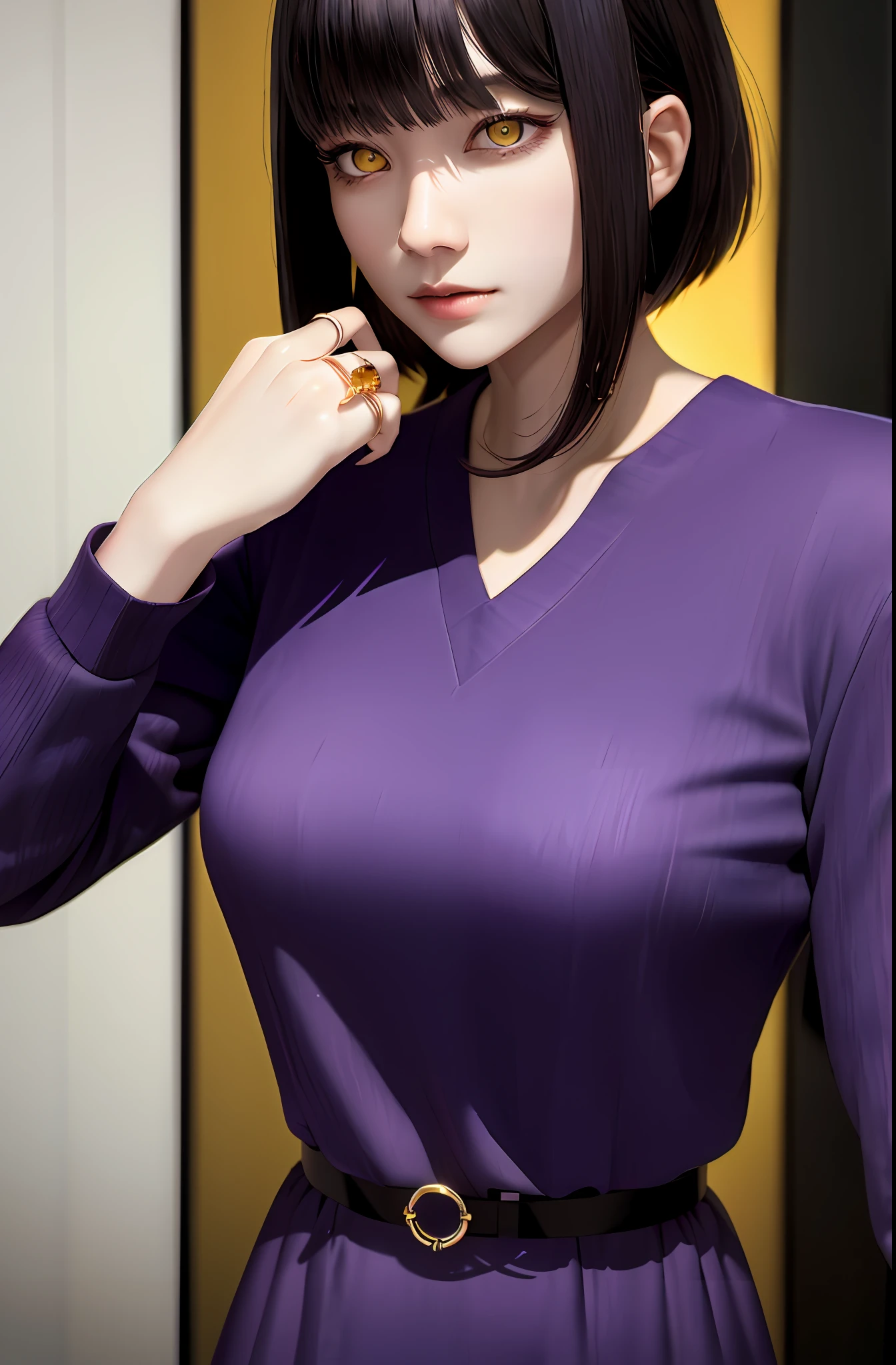 Masterpiece, (Photorealistic: 1.4), Top Quality, Beautiful Lighting, (ulzzang-6500:0.5), Makima \(Chainsaw Man\), (Bob Hair) + (Black Hair) + (Bangs), Yellow Eyes, Golden Eyes, (((Ring Eyes)), (Purple Shirt), RAW Photography, 8k UHD, Film Grain