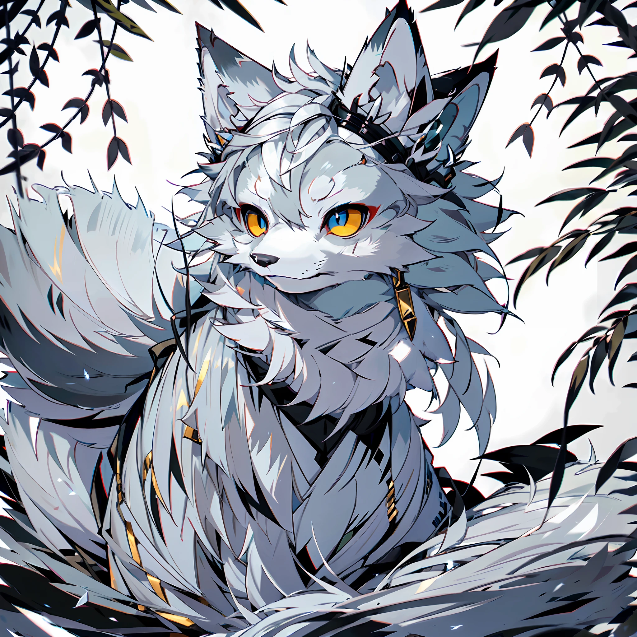 Solo, furry, male arctic fox, gray fur, gray skin, gray ears, golden eyes, sharp claws, fluffy tail