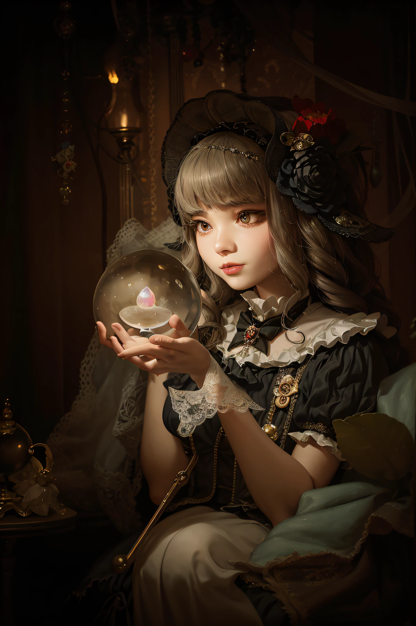 there is a woman holding a crystal ball in her hand, artwork in the style of guweiz, portrait of magical ta girl, portrait of a young witch girl, portrait of magical young girl, by Yang J, guweiz, portrait of magical girl, fairycore, witch fairytale, fantasy portrait, 🌺 cgsociety, portrait of a young witch