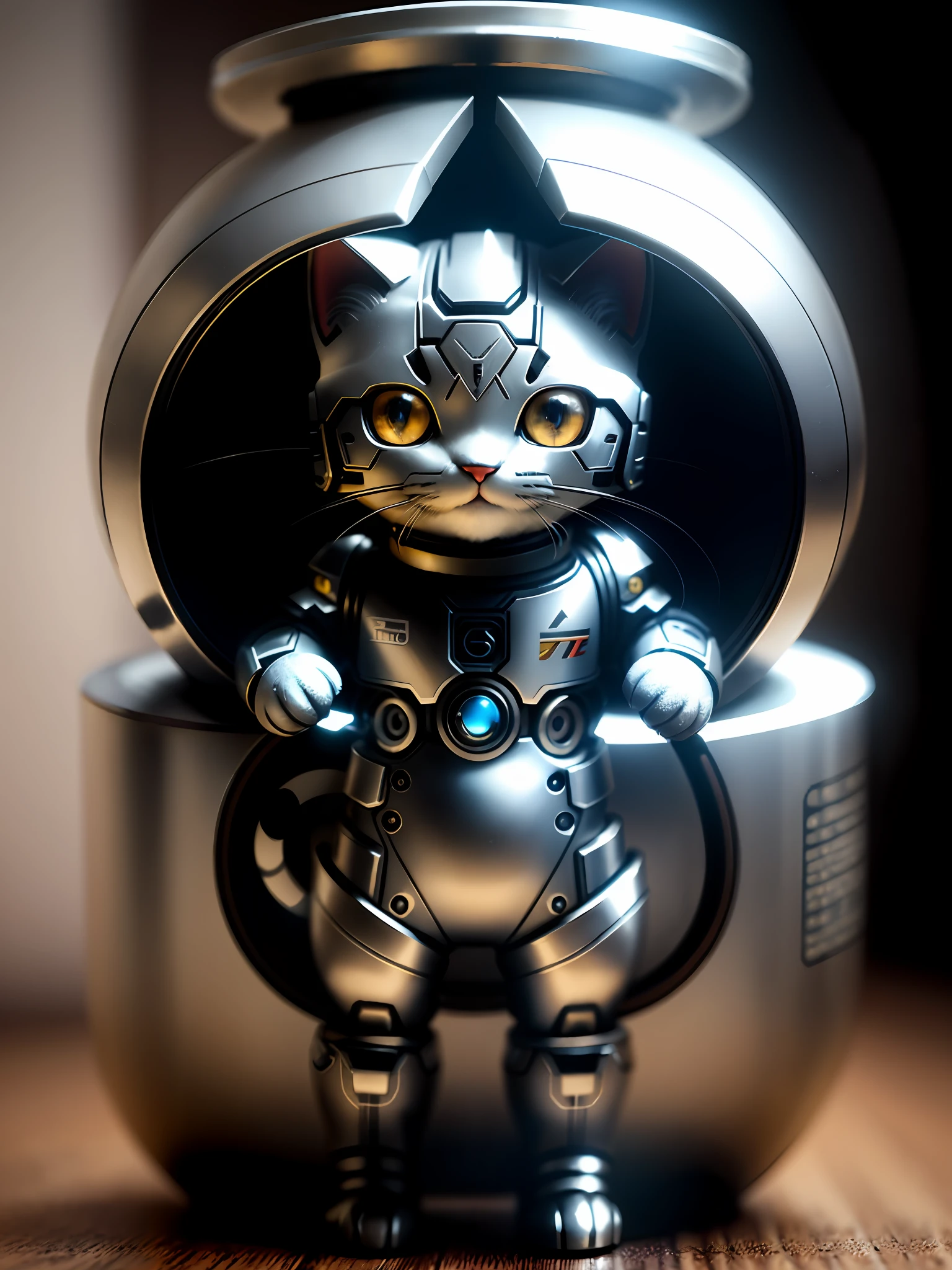 A cute kitten made of metal, (cyborg:1.1), ([tail|detailed wire]:1.3), (intricate detail), hdr, (intricate detail, hyperdetailed:1.2), cine footage, halo shadow, centered