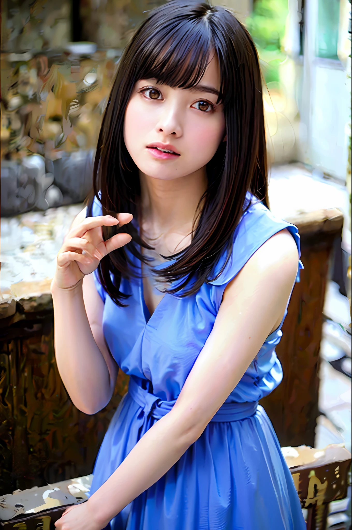 Araffe asian woman in blue dress posing for a picture - SeaArt AI