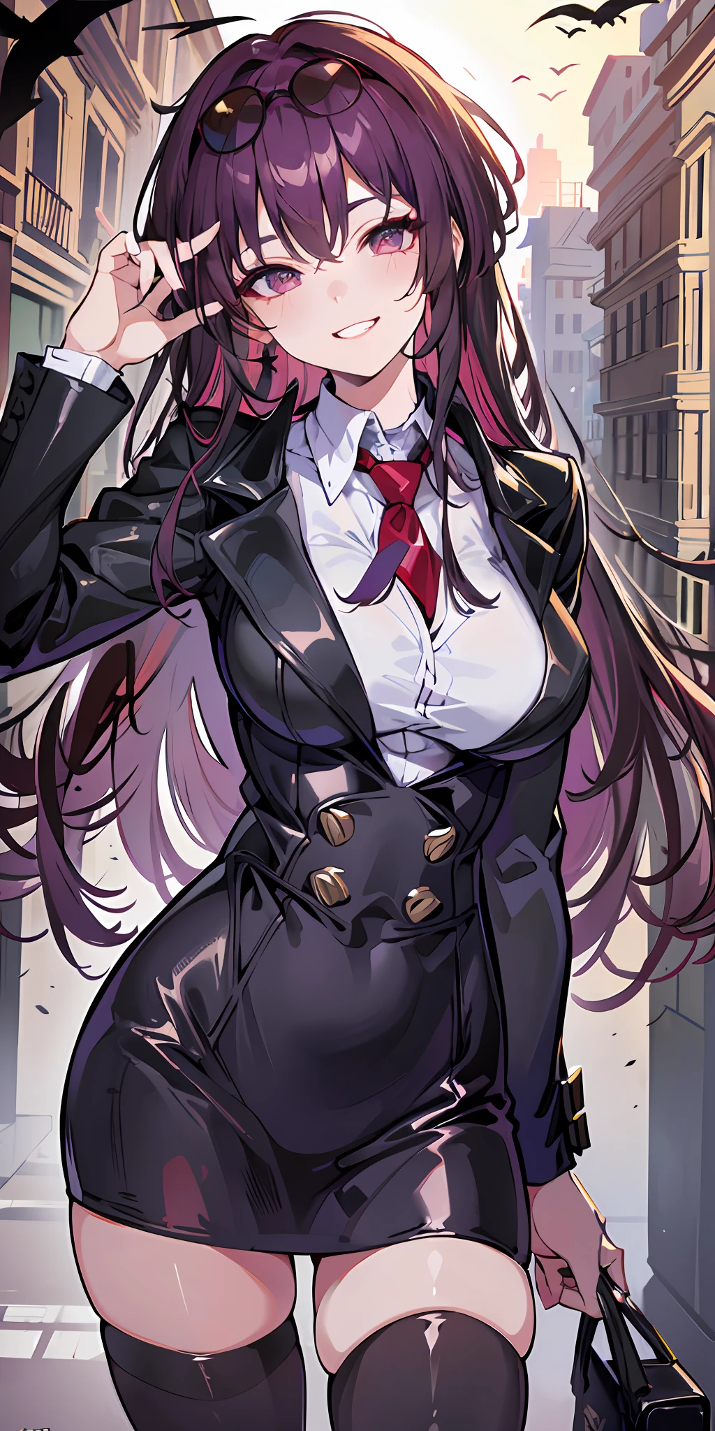 (Masterpiece: 1.6, Best Quality), (Fine and Beautiful Eyes: 1.2), (Overhead), High Quality, Beautiful Face, 1girl, Leather Tight Skirt, Oversized Leather Jacket, Big Tits, Long Hair, Wide Hips, (Landscaped, ), Street, Background, Detailed Background, Spooky Grin, Angled Laughter at the Corners of the Mouth, Long Coat, Shirt, Tie, Office Lady, Mature Woman, Eyewear on Head, Sunglasses